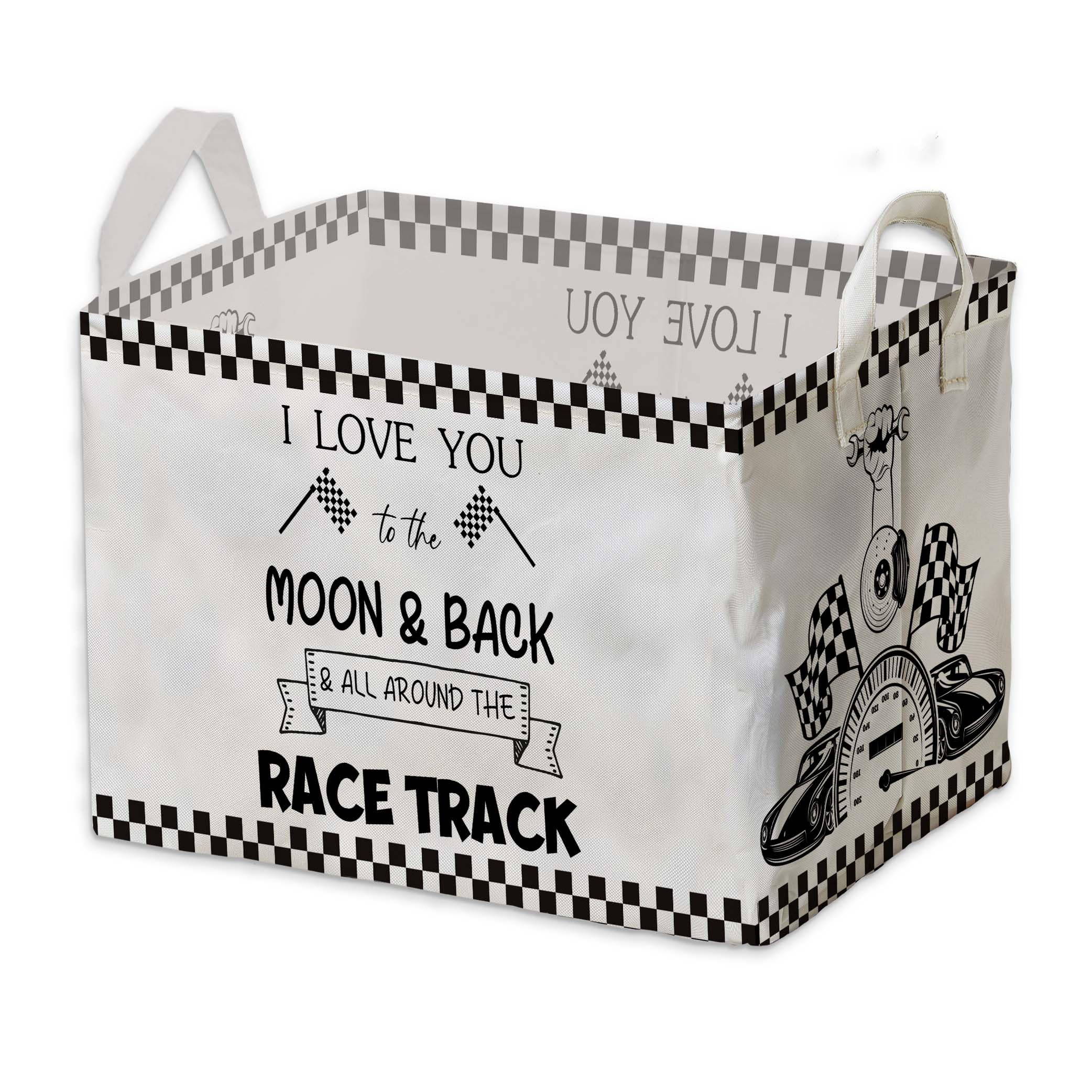 Race Car Storage Basket for Boys, Boys Checkered Basket, Race Flag Kids Baby Storage Bin Toy, Car Themed Room Decor for Nursery, Large Squarecanvas Laundry Hamper With A Waterproof PECoating, Foldable