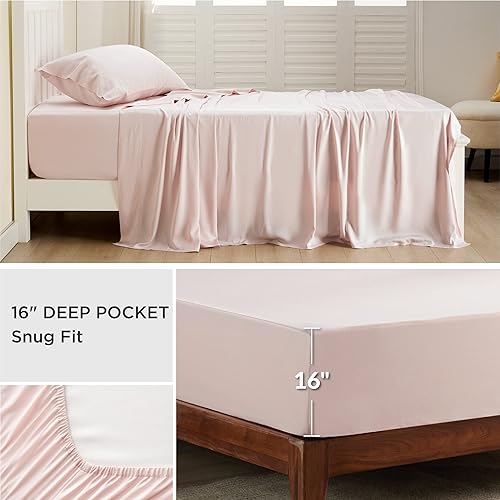 Miniatura 4 de Bedsure - Juego de sábanas refrescantes, sedosas y transpirables de rayón de bambú, tamaño individual, bolsillo profundo de h16 pulgadas sábanas y