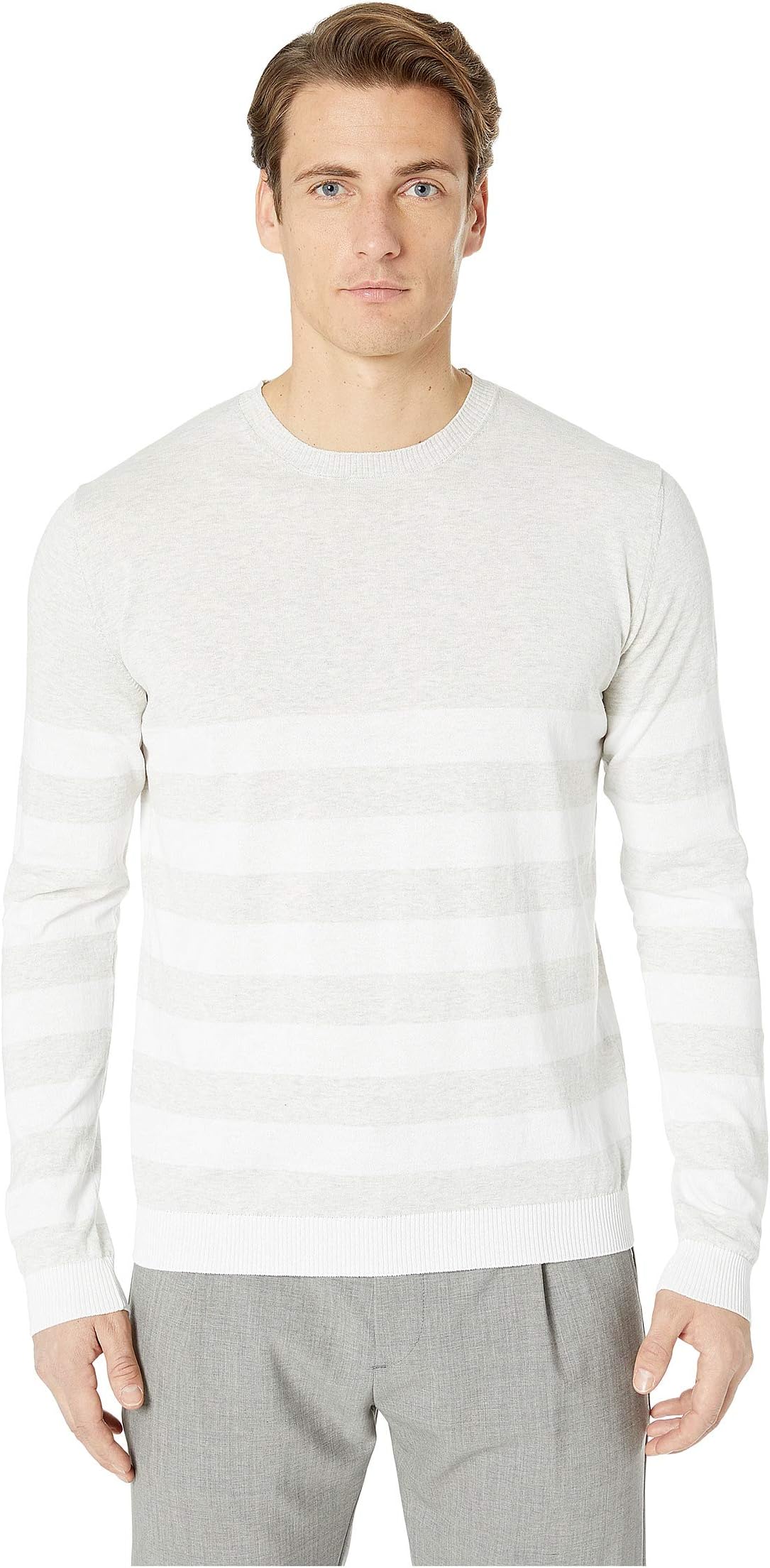 Fine Gauge Cotton Mid Stripe Crew Neck Sweater