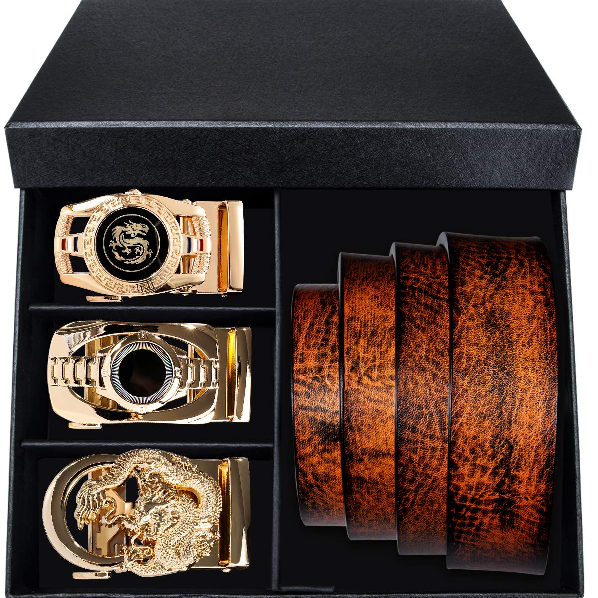 Barry.Wang Cinturones para hombre, color negro, diseño automático, hebilla de trinquete de metal, cinturón de cuero auténtico, ajustable (43 a 59 pulgadas), caja de regalo