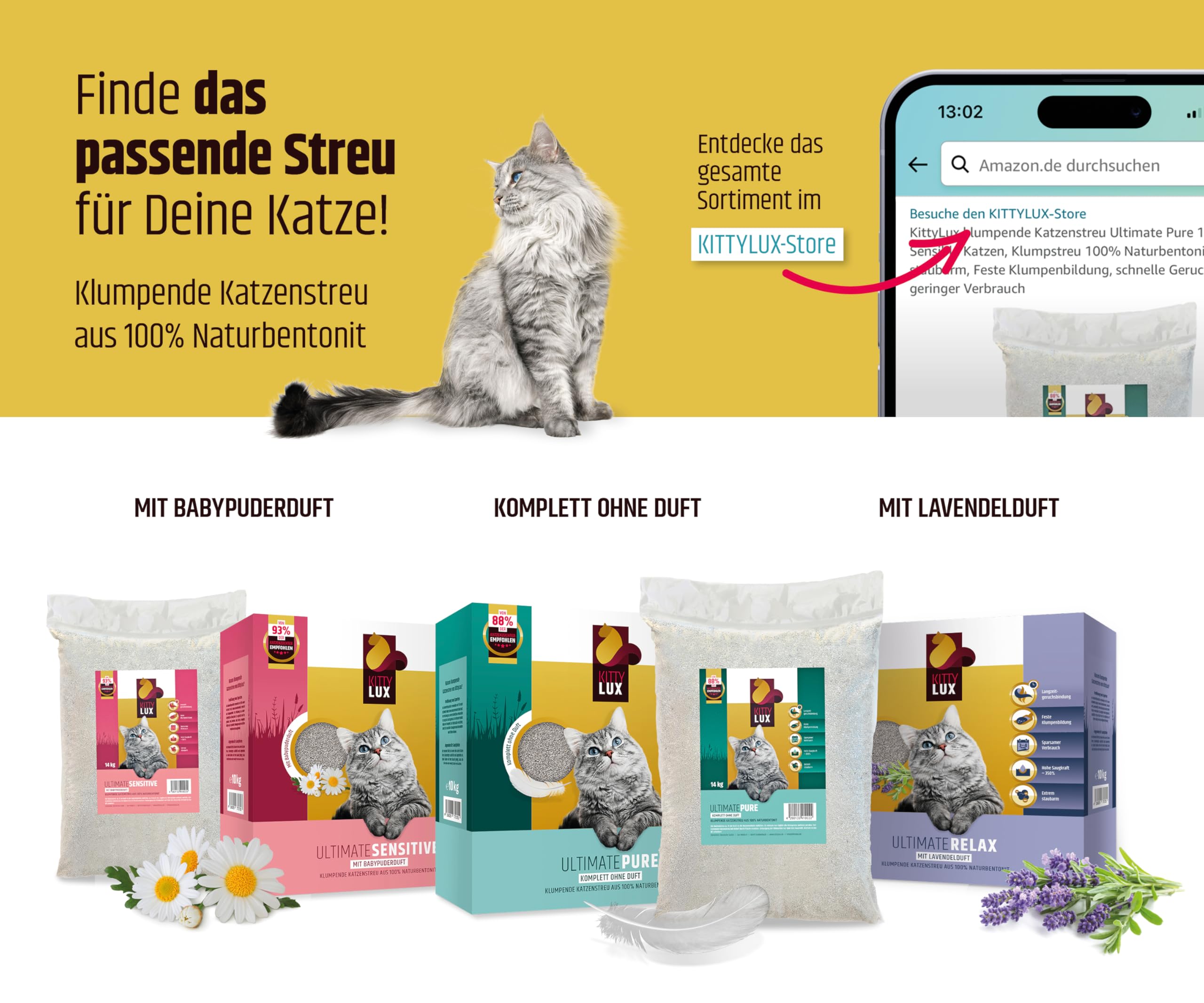 klumpende Katzenstreu Ultimate Pure 2x14kg ohne Duft für Sensible Katzen, Klumpstreu 100% Naturbentonit, extrem staubarm, Feste Klumpenbildung, schnelle Geruchsbindung, geringer Verbrauch
