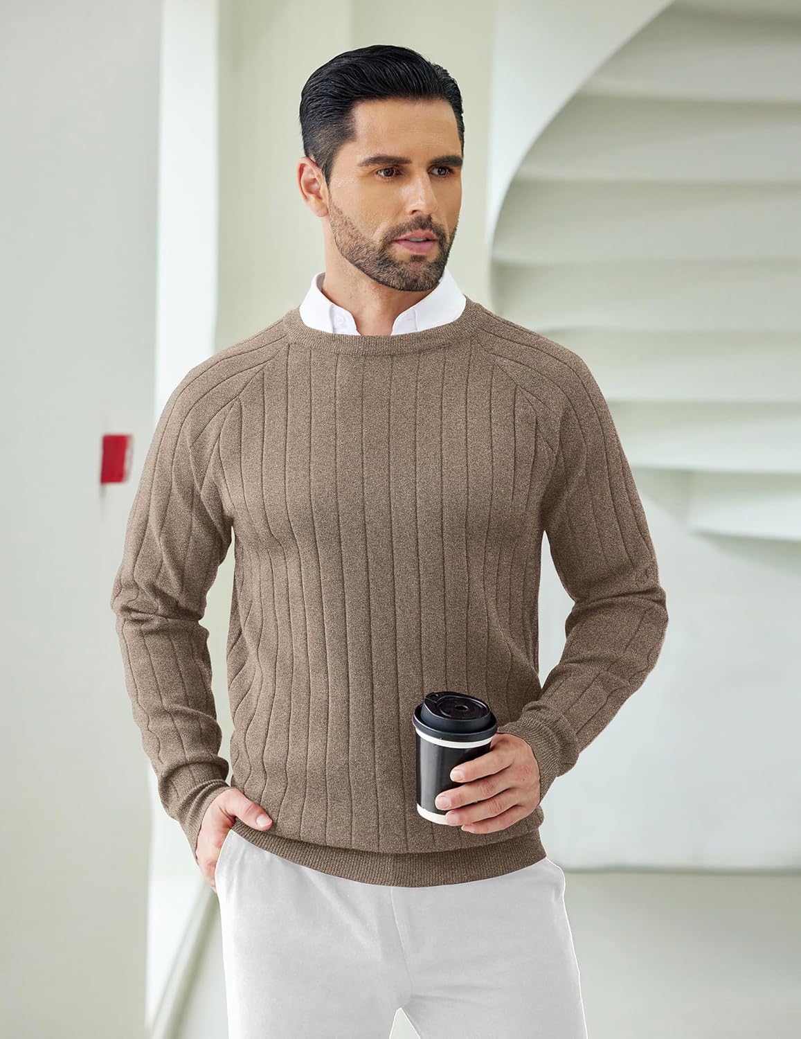 COOFANDY Mens Crewneck Pullover Sweaters Business Casual Long Sleeve Slim Fit Sweater Chunky Cable Knit Sweater - Image 3