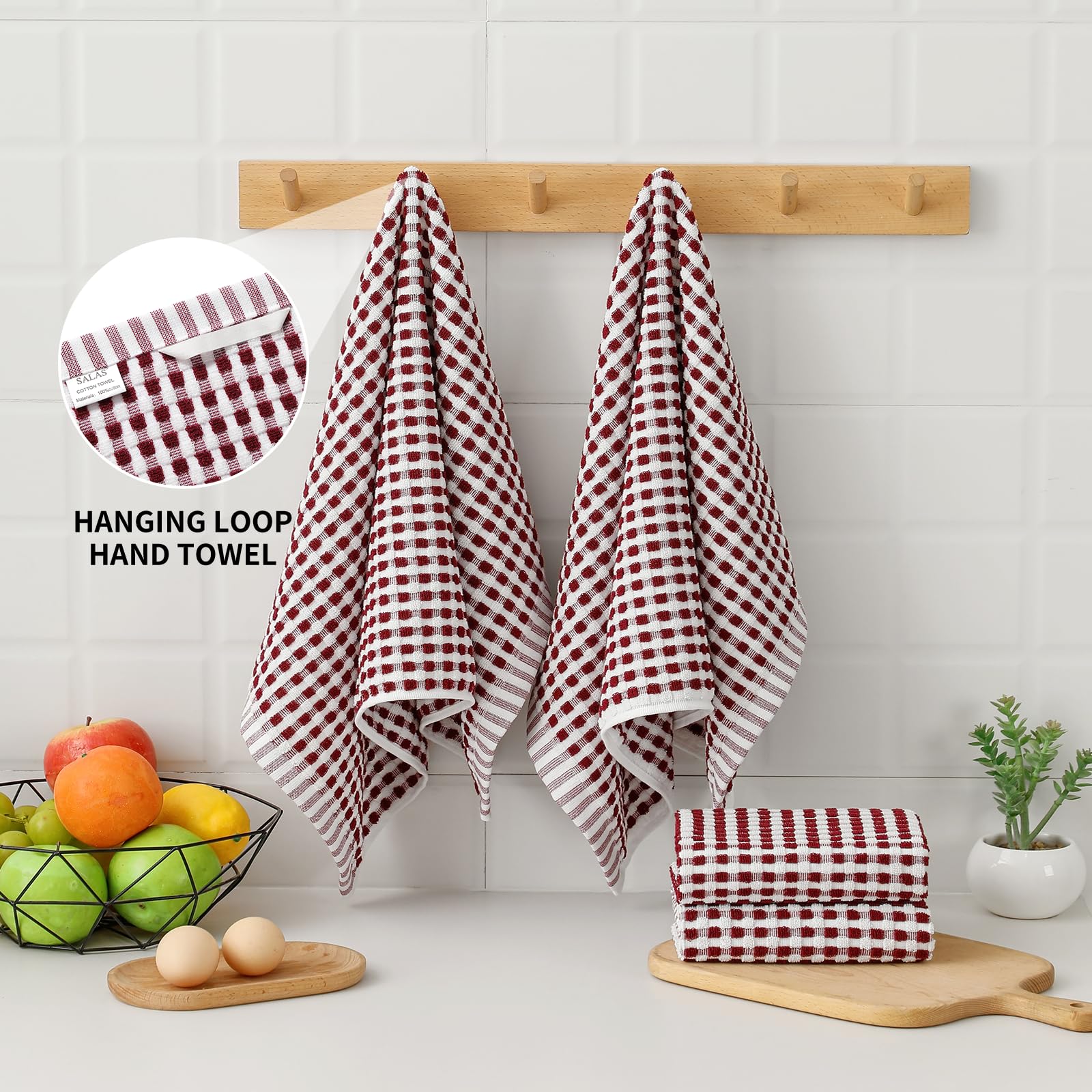 SALAS Paños de cocina de algodón para secar platos de cocina, paños de cocina de rizo de celosía, paños de cocina altamente absorbentes con lazo para colgar, 16 x 26 pulgadas, 6 paquetes, color rojo