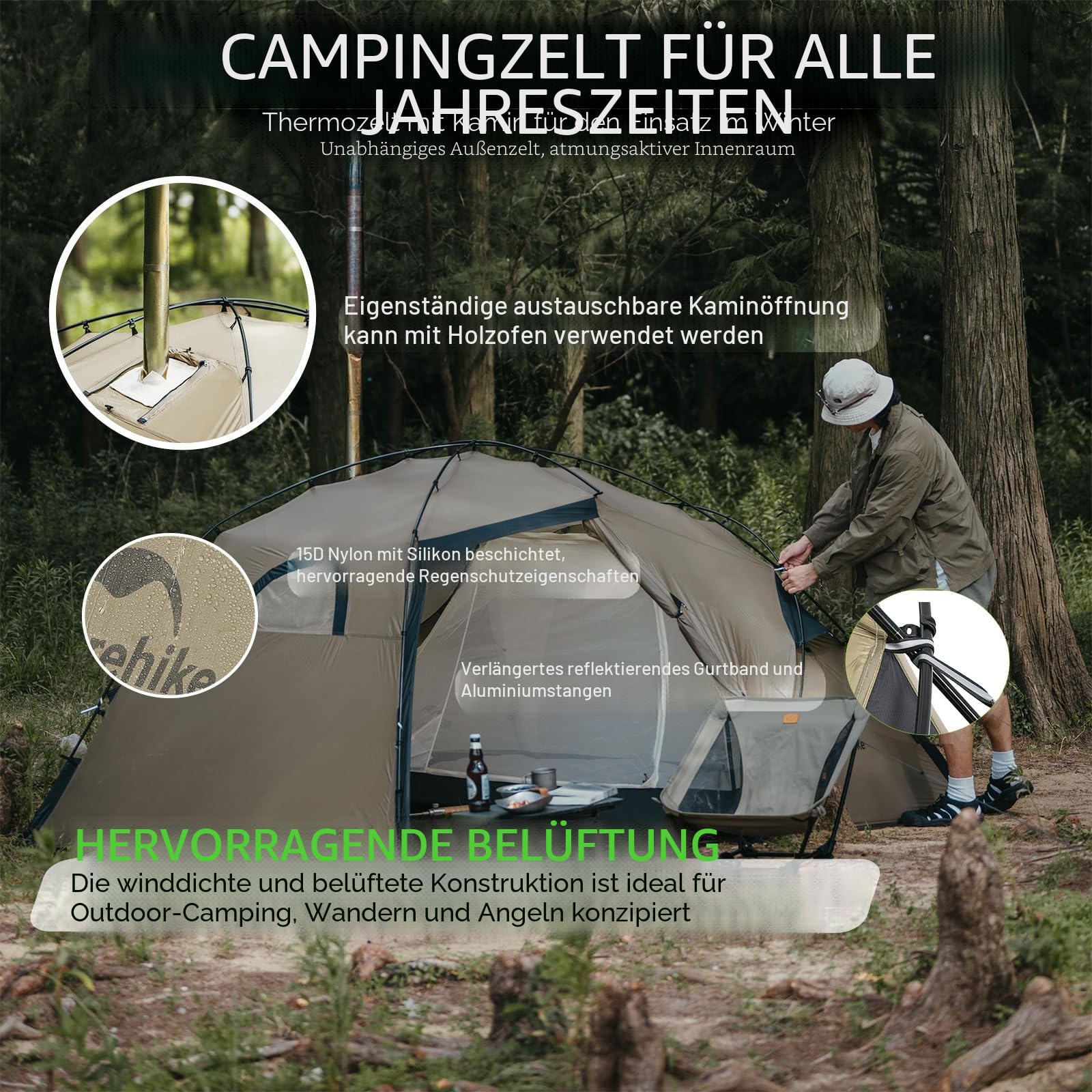 Naturehike 2025 Campingzelt 4 Jahreszeiten mit Vorzelt, Schlafzimmer und feuerfestem Kamin, wasserdicht und winddicht, Familienzelt für 2 Personen, für Außenbereich, Wanderungen und Reisen