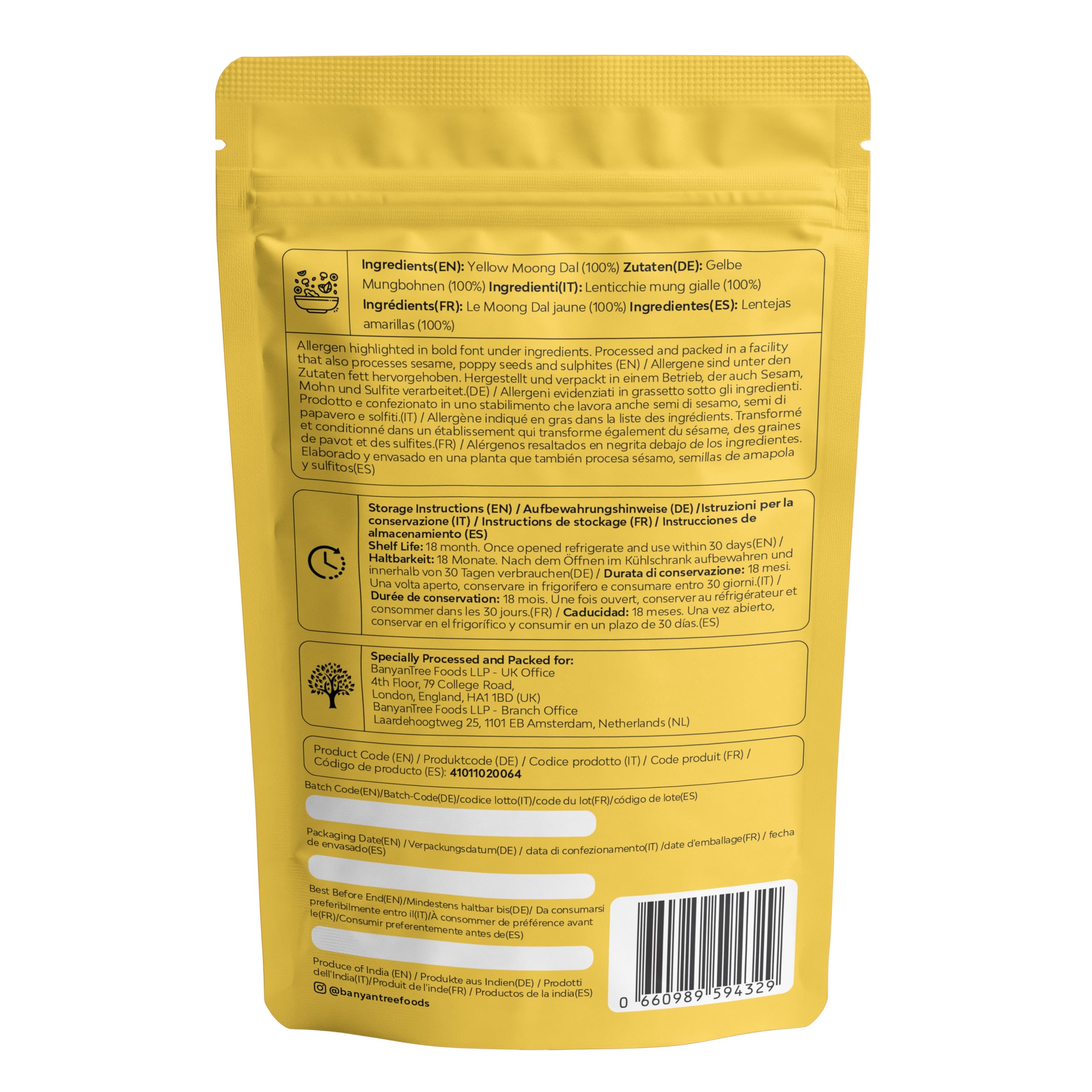 BanyanTree Foods Lenteja pequeña amarilla dividida (Moong Dal amarillo) 500 g