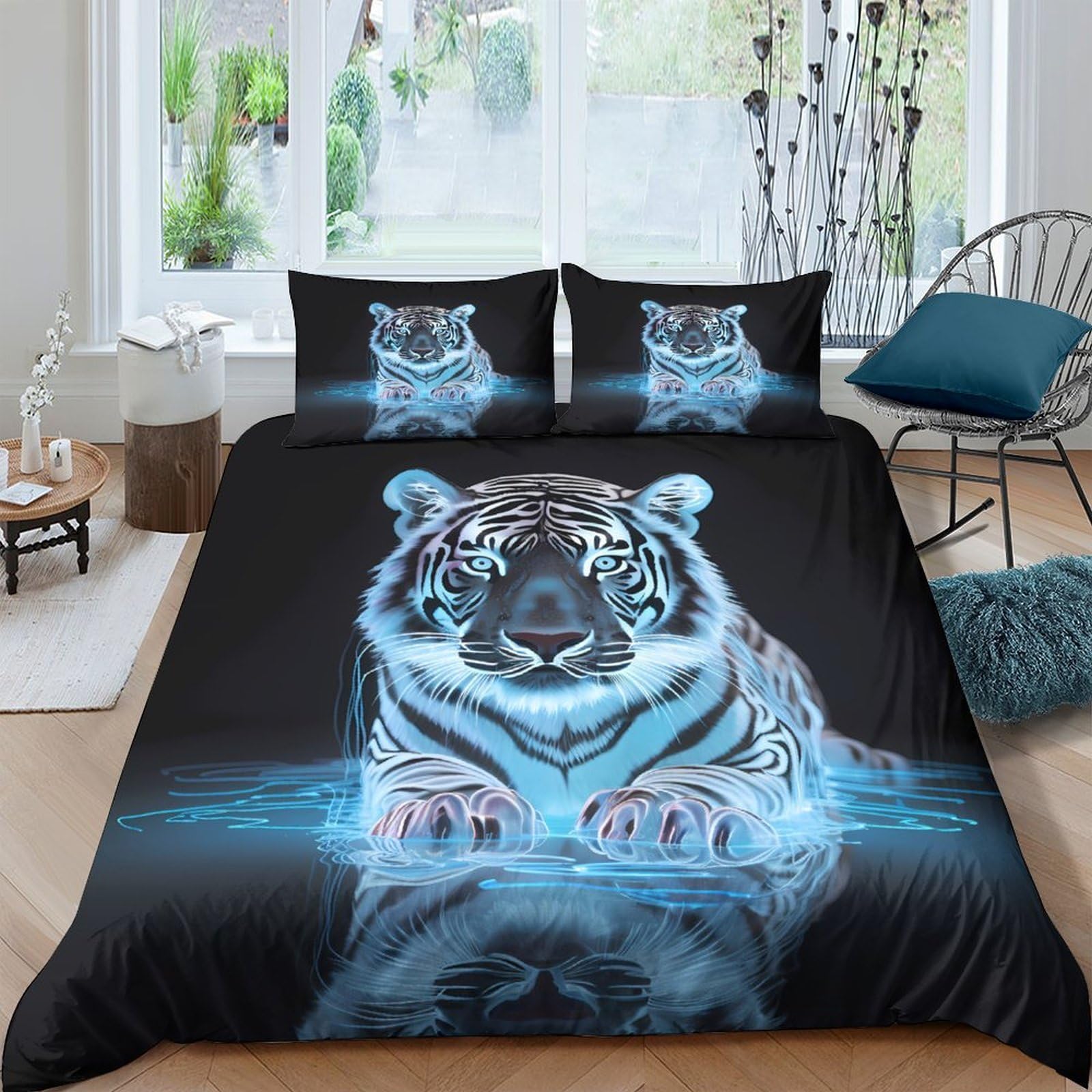 Ctjqhvkz Style-7 3D Printed Blue Tiger Fitted Sheet Microfiber Soft Non-Slip Black Water Reflection Mattress Cover For Bedroom Dorm Decoration Single（135X200cm）