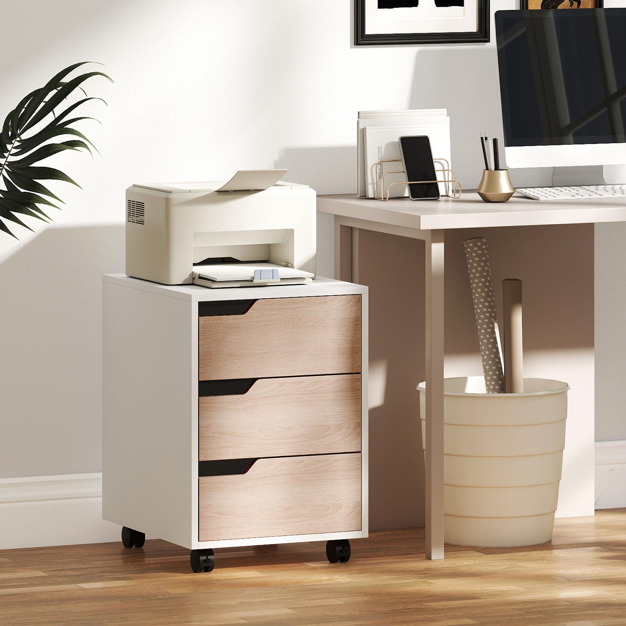 HOMCOM Cassettiera da Ufficio Portadocumenti a 3 Cassetti con Maniglie a Scomparsa, Armadietto da Ufficio a 4 Ruote in Legno e Metallo, 40x50x57.5 cm, Legno e Bianco