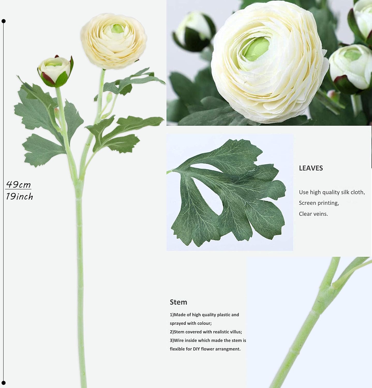 Artificial Ranunculus Flowers with Real Touch Stem, Silk Ranunculus Flowers(10 Pack) (White) - Image 6