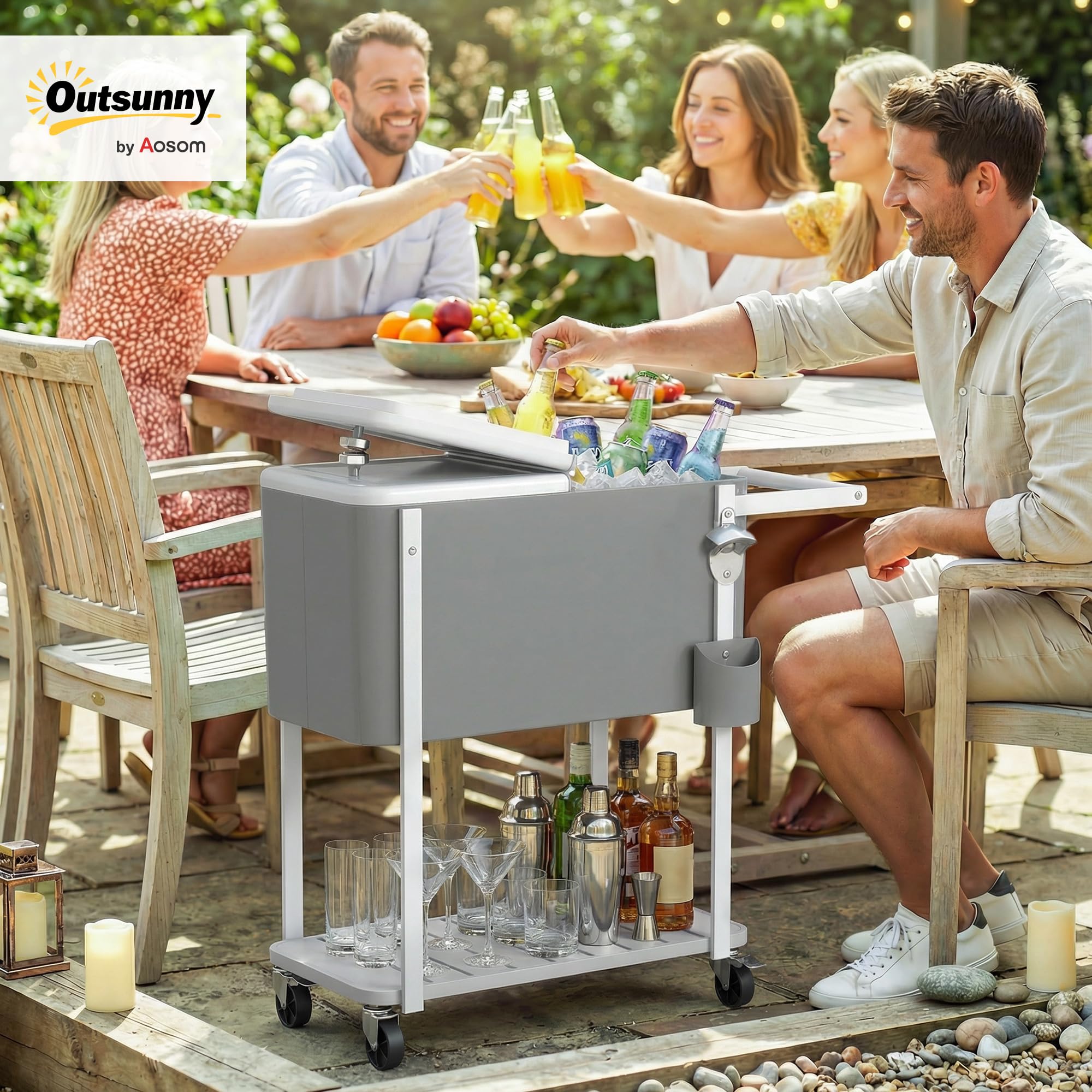 Outsunny Carrito Nevera de 56L con Ruedas, Carro de Bebidas con Estante, Abrebotellas, Recogetapas, Drenaje y Asa, Mesa Nevera Jardín Exterior para Patio, Fiesta, BBQ, 84x38x83 cm, Gris