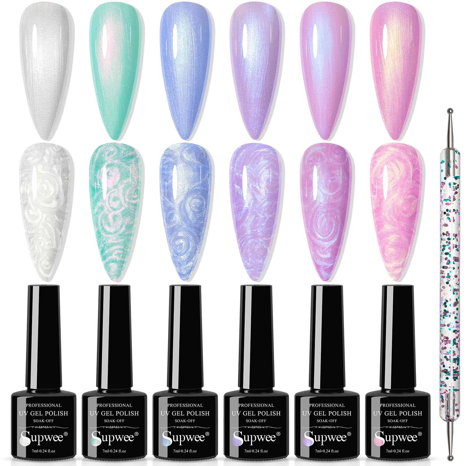 SUPWEE Pearl Gel Nail Polish, 6 Colors, Pearl Shell Swirl Effect, Mermaid Nail Polish, Shimmer, Long Lasting, Non-Toxic, UV LED Manicure, Salon