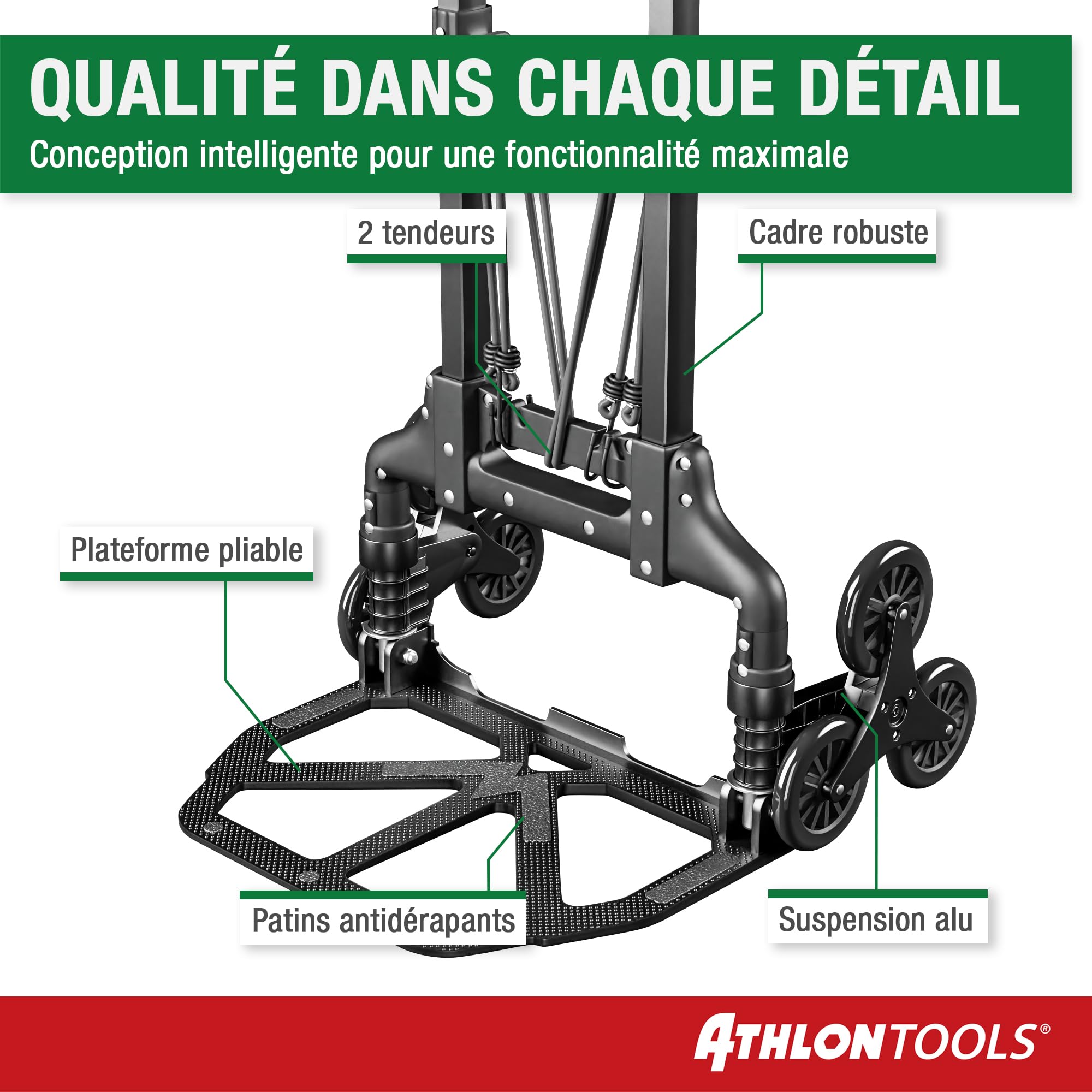 ATHLON TOOLS Diable Pliable en Aluminium avec Patins antidérapants TÜV GS-certifié- Roues avec Surface de roulement Douce - avec 2 Cordes d'expansion - modèle 2025