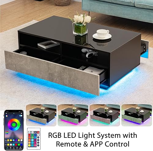 Miniatura 5 de HOMMPA Mesa de centro LED con 4 cajones, mesa central moderna para sala de estar, mesas de centro altas Golssy con sofá de almacenamiento, mesa