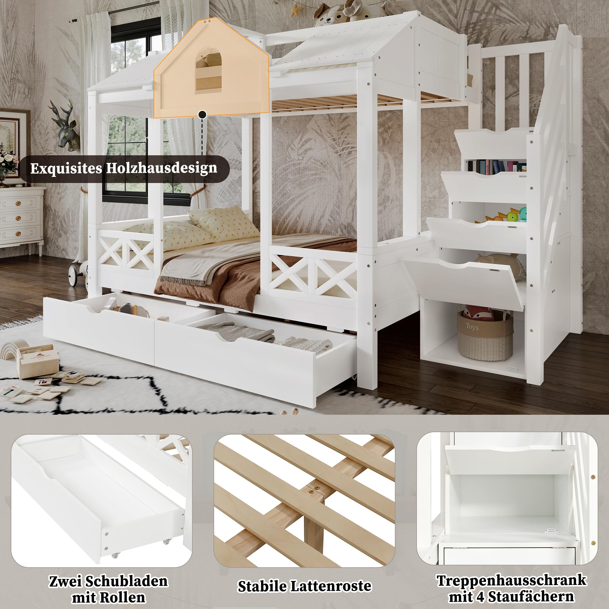 Letto a Castello per Bambini 90x200cm e 140x200cm, Letto Matrimoniale con Scala Contenitore e 2 Cassetti, Belle Finestre e Tetto, Strutture letto in Pino, Bianco(Senza materasso)