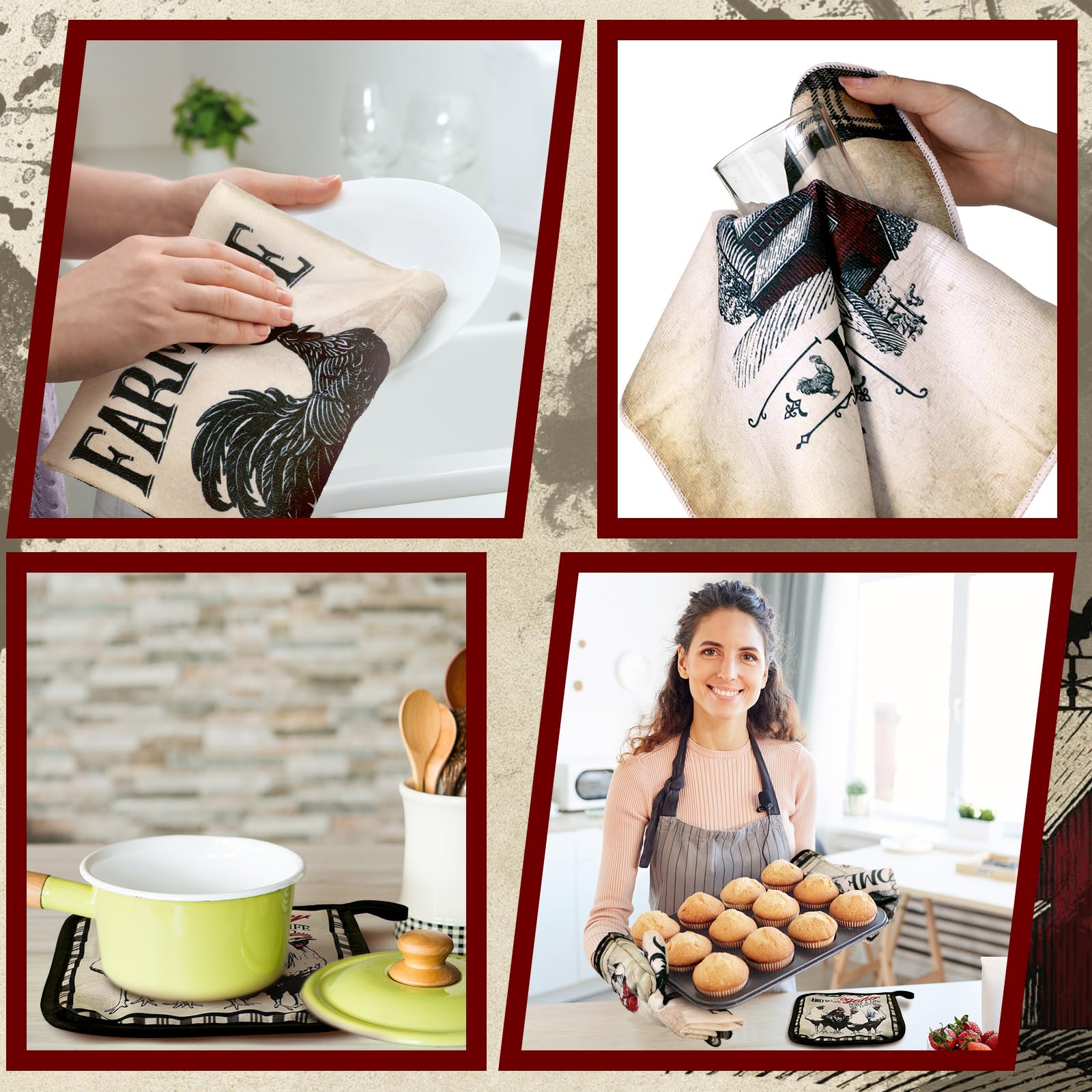 Leinuosen Juego de 6 manoplas de horno y soportes para ollas, toallas de cocina absorbentes para cocinar, hornear y asar (gris retro)