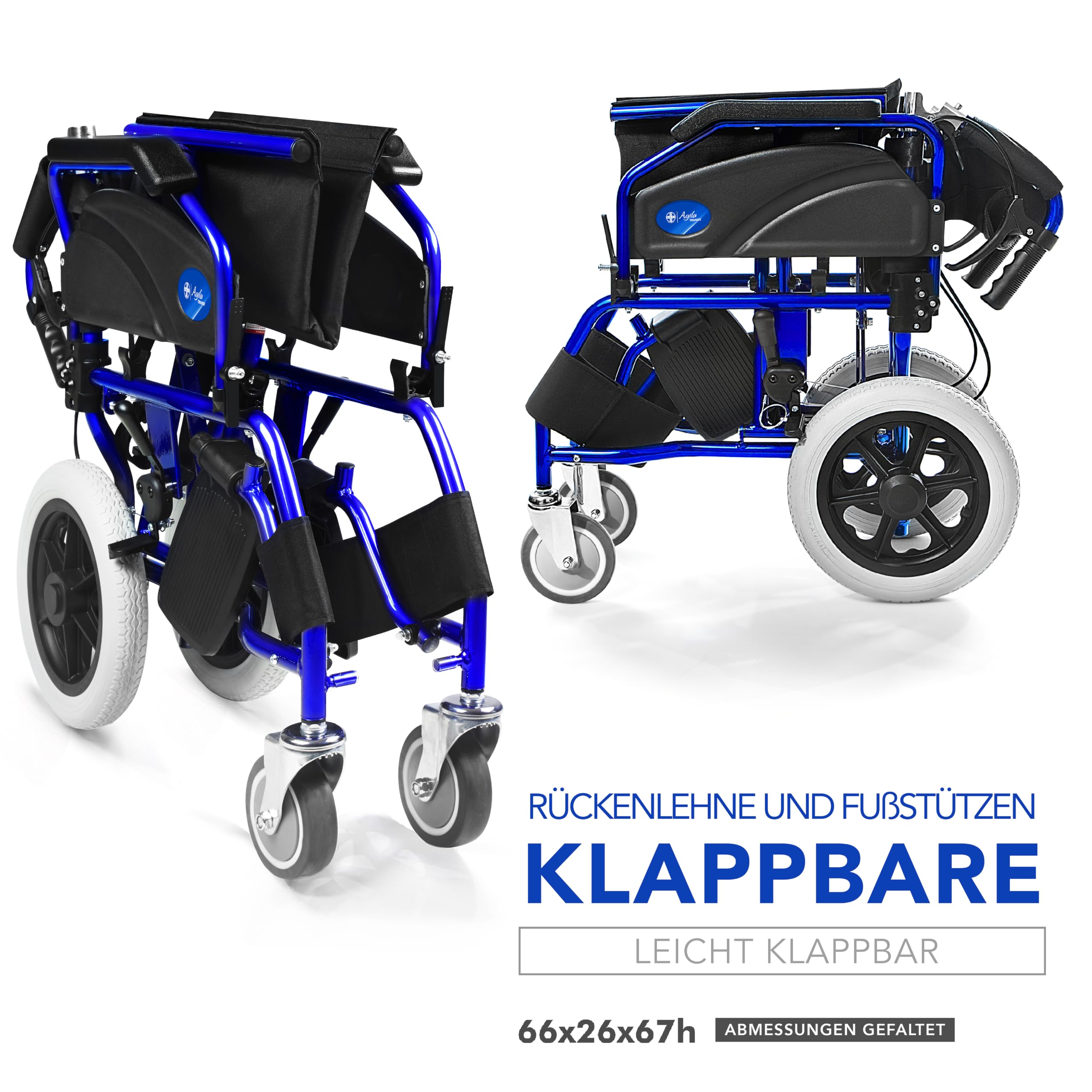 AIESI® Rollstuhl Faltbar superleicht für den Transport aus Aluminium mit Bremse für Behinderte und ältere Menschen AGILA TRANSIT, Doppeltes Bremssystem, Sicherheitsgürtel, Garantie 24 Monate