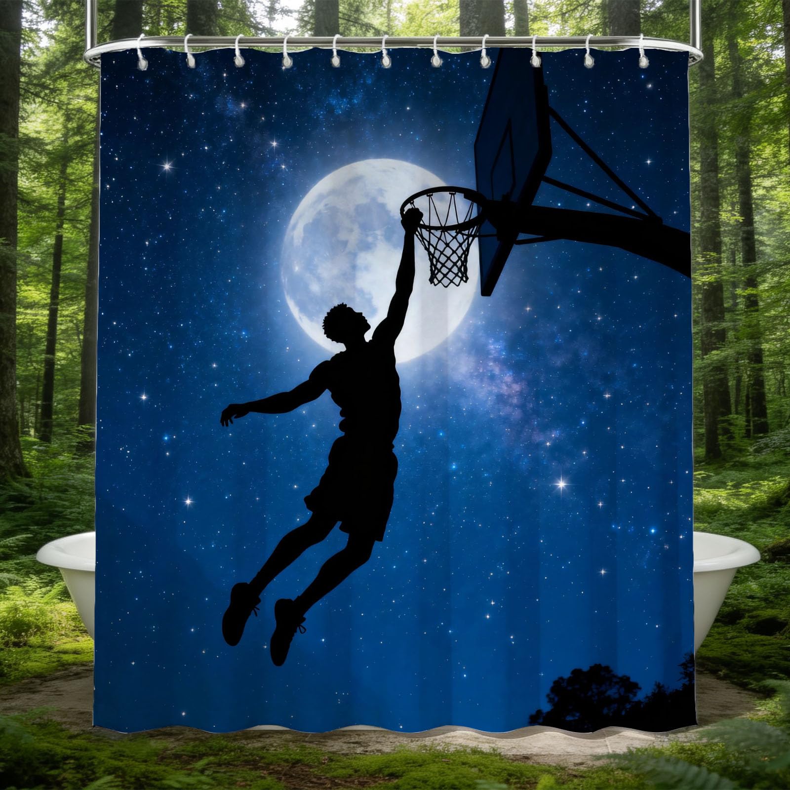 Hongduo 3D Dunk Silhouette Shower Curtain for Stalls Bathtubs Night Bathroom Decor Shower Curtain Set Polyester Fabric Waterproof 180x200cm/71X79 Inch with Hooks
