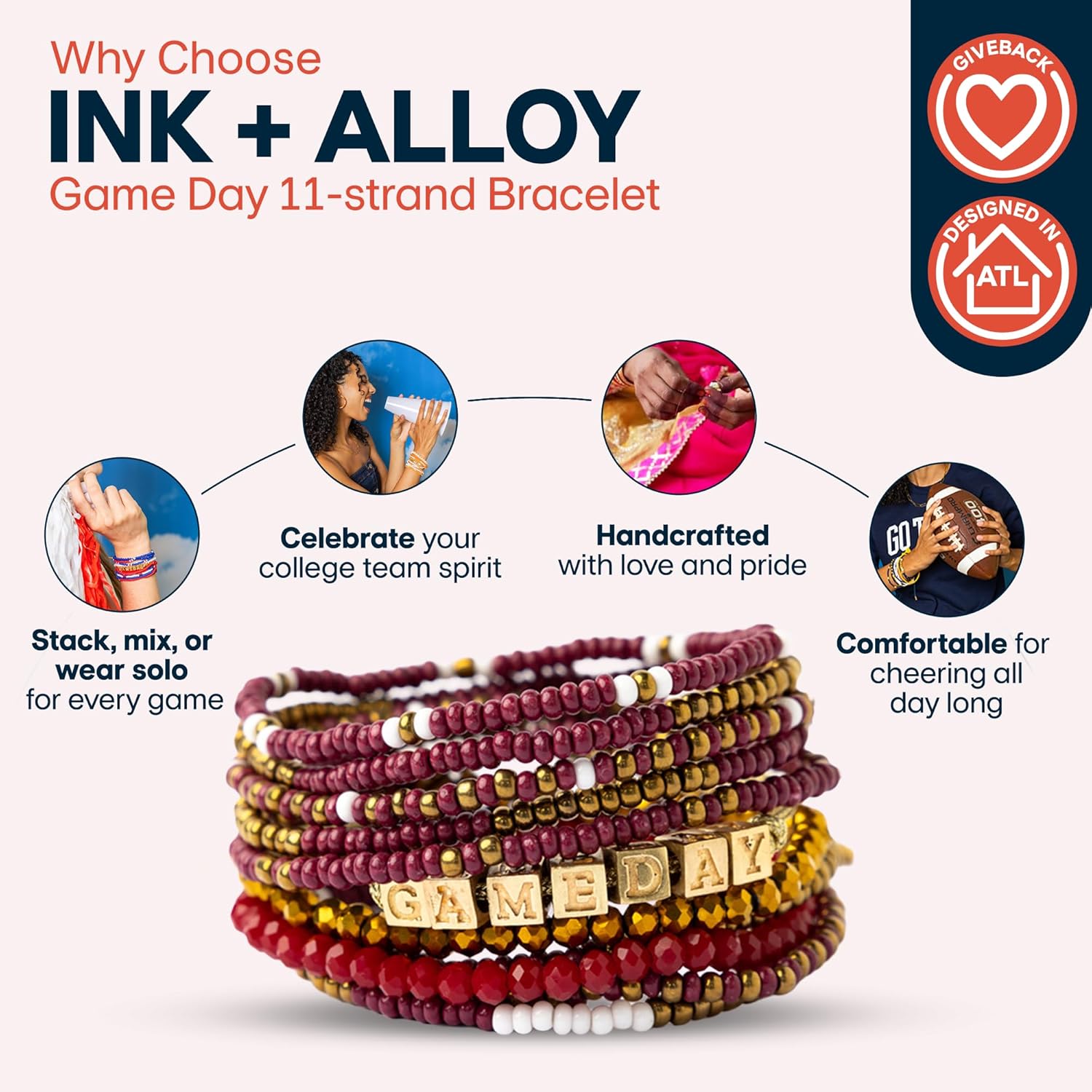 INK + ALLOY Game Day 11-Strand Beaded Bracelet – Handcrafted Stack for Sports Moms, Fans & Students – Lightweight & Bold – Perfect for Gameday