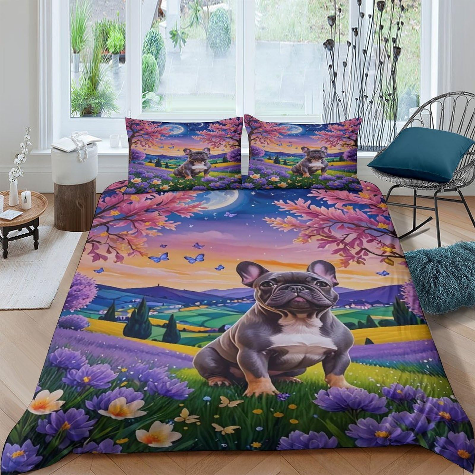 GPLZQXKJNH 3D Printed French Bulldog Lavender Field Duvet Cover Set Microfiber Breathable with 2 Pillowcases for Bedroom Decor Single（135x200cm）