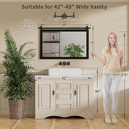 Miniatura 4 de Espejo negro de granja para pared, 40 x 26 pulgadas, espejo cuadrado grande con marco de madera para tocador, espejo estilo puerta de granero,