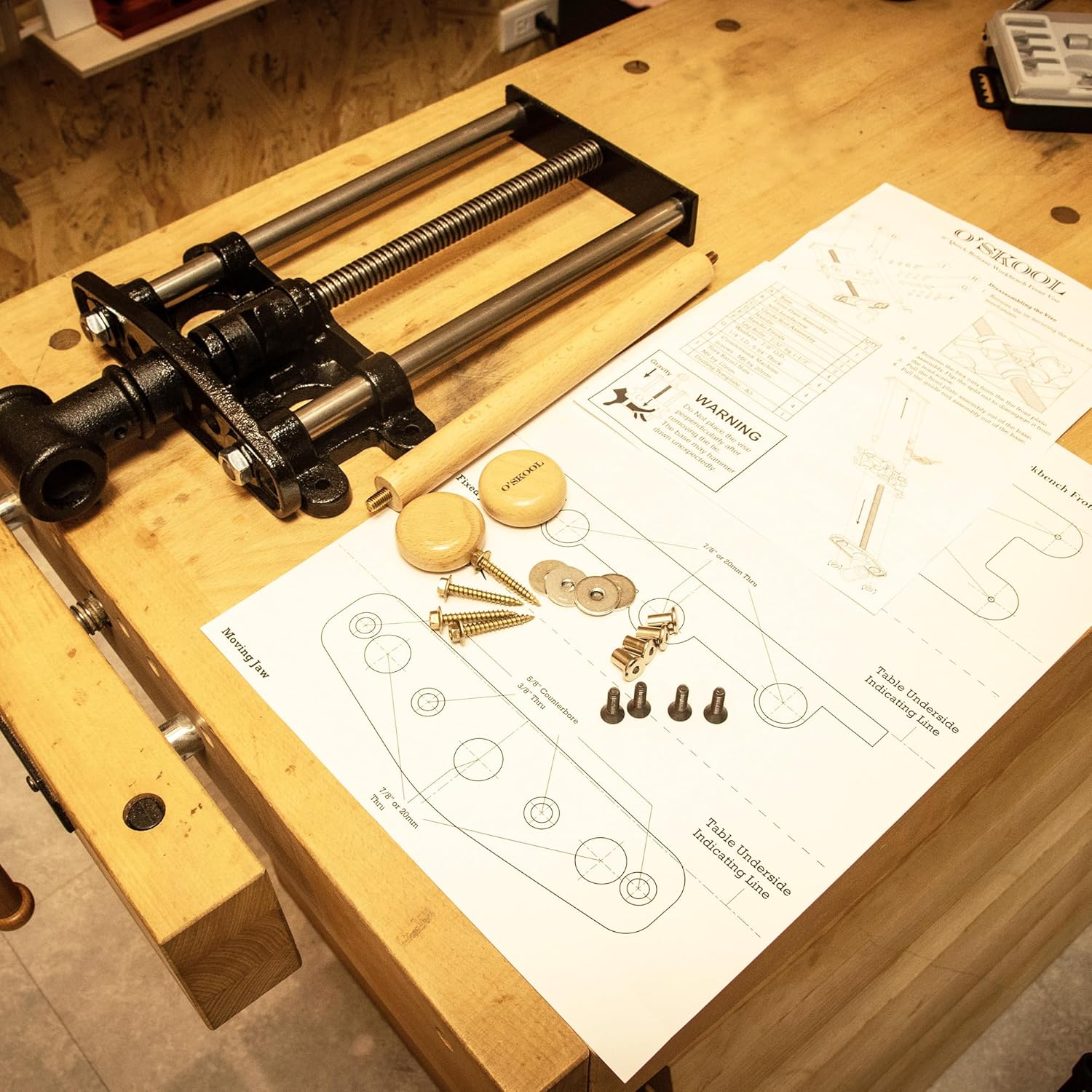 O'SKOOL 9 Inch Quick Release Workbench Front Vise for Woodworking, Heavy Duty Cast Iron Bench Vise with Beechwood Handle, WBA002