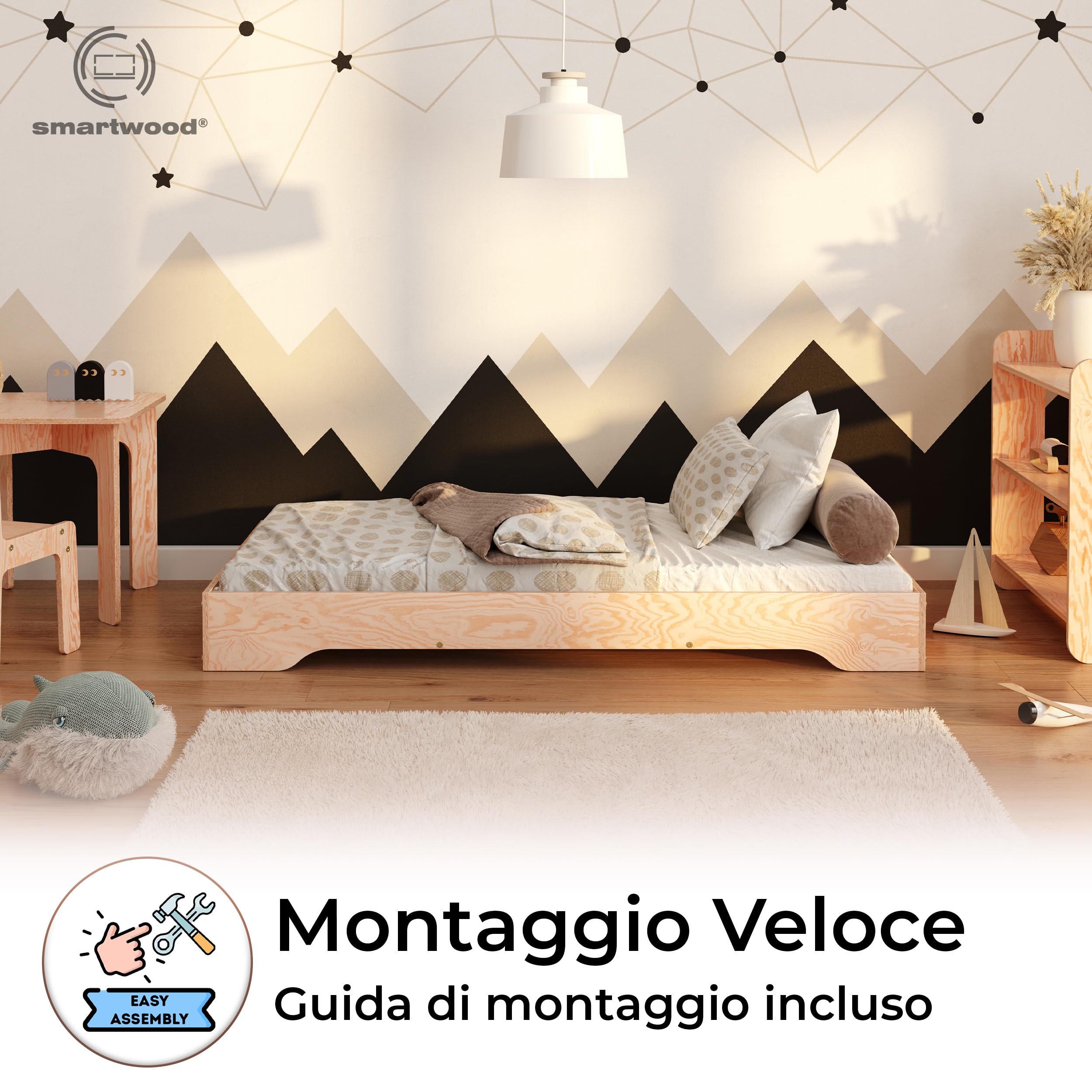 smartwood Lettino Montessori 80x180 cm - Letto Bambini in Legno di Pino certificato FSC con Rete a Doghe - portata 230 kg - Per Bambino e Bambina - Montaggio semplice - TILA 7