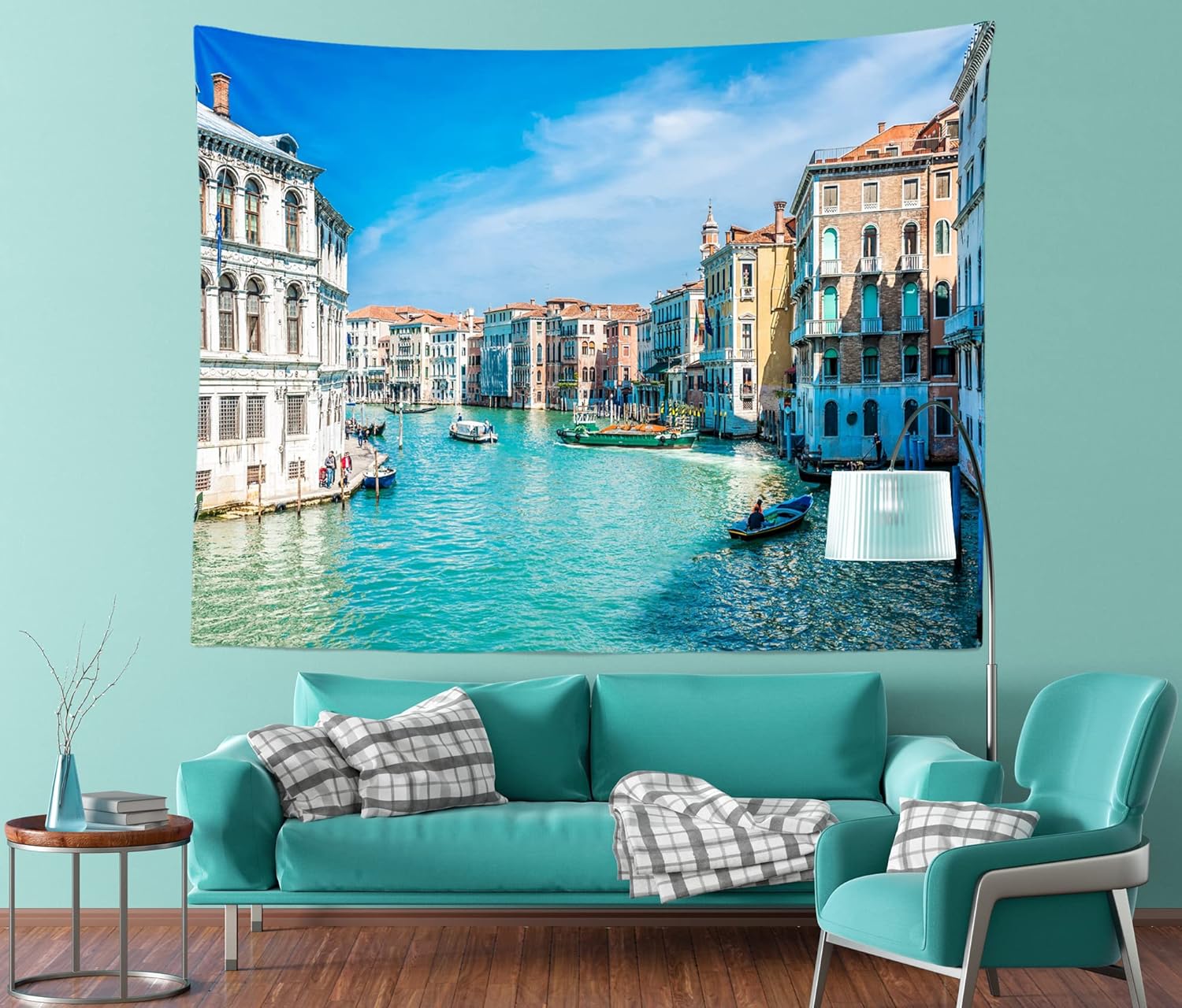 Loccor Venice Italy Tapestry 120"x80" Extra Large Gondola Near Rialto Bridge on Famous Grand Canal Wall Tapestry Urban City Street Wide Wall Hanging for Bedroom Living Room Dorm Home Decor， Turquoise