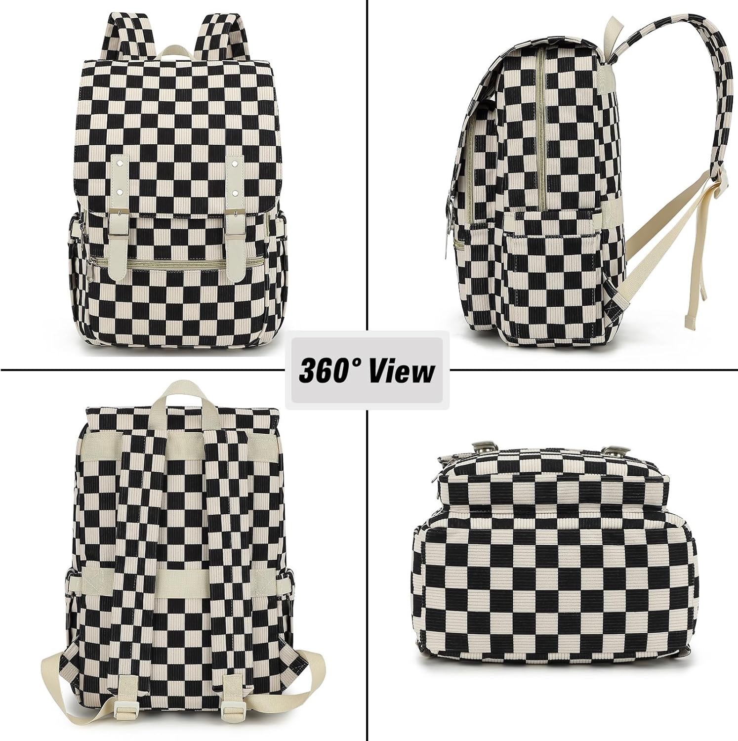 Corduroy Travel Backpack for Women, 15.6 Inch College Laptop Backpack, Fashion School Bookbag Work Backpacks (Corduroy Checkered Black)