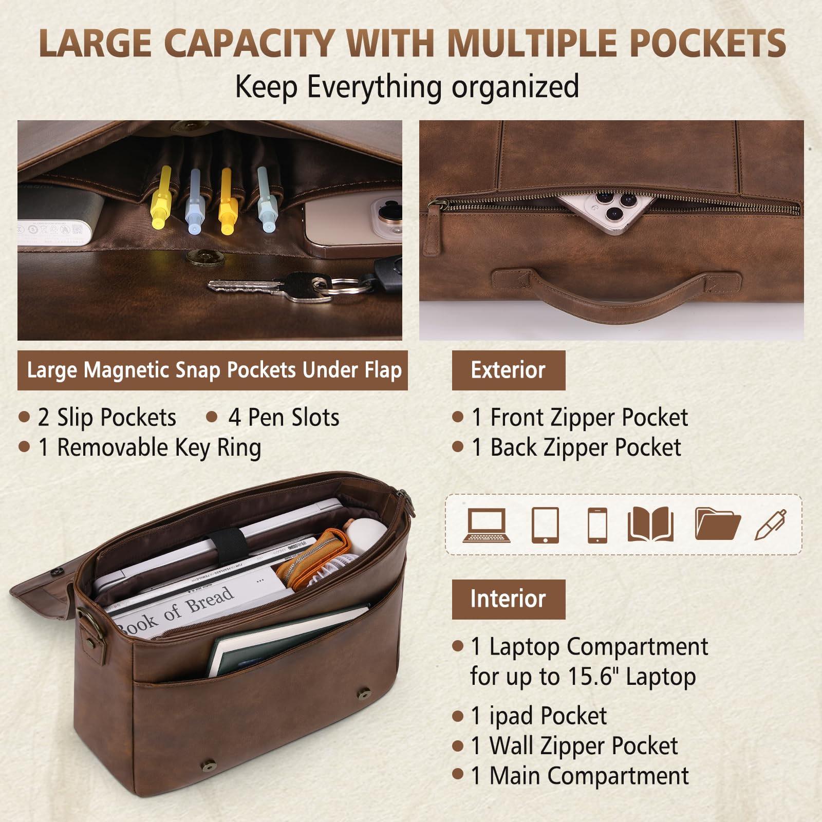 RAINSMORE Aktentasche Herren Leder Wasserdichte Umhängetasche Laptoptasche 15,6 Zoll Vintage Groß Arbeitstasche Messenger Bag Schultertasche für Arbeit Büro Uni Schule - 3