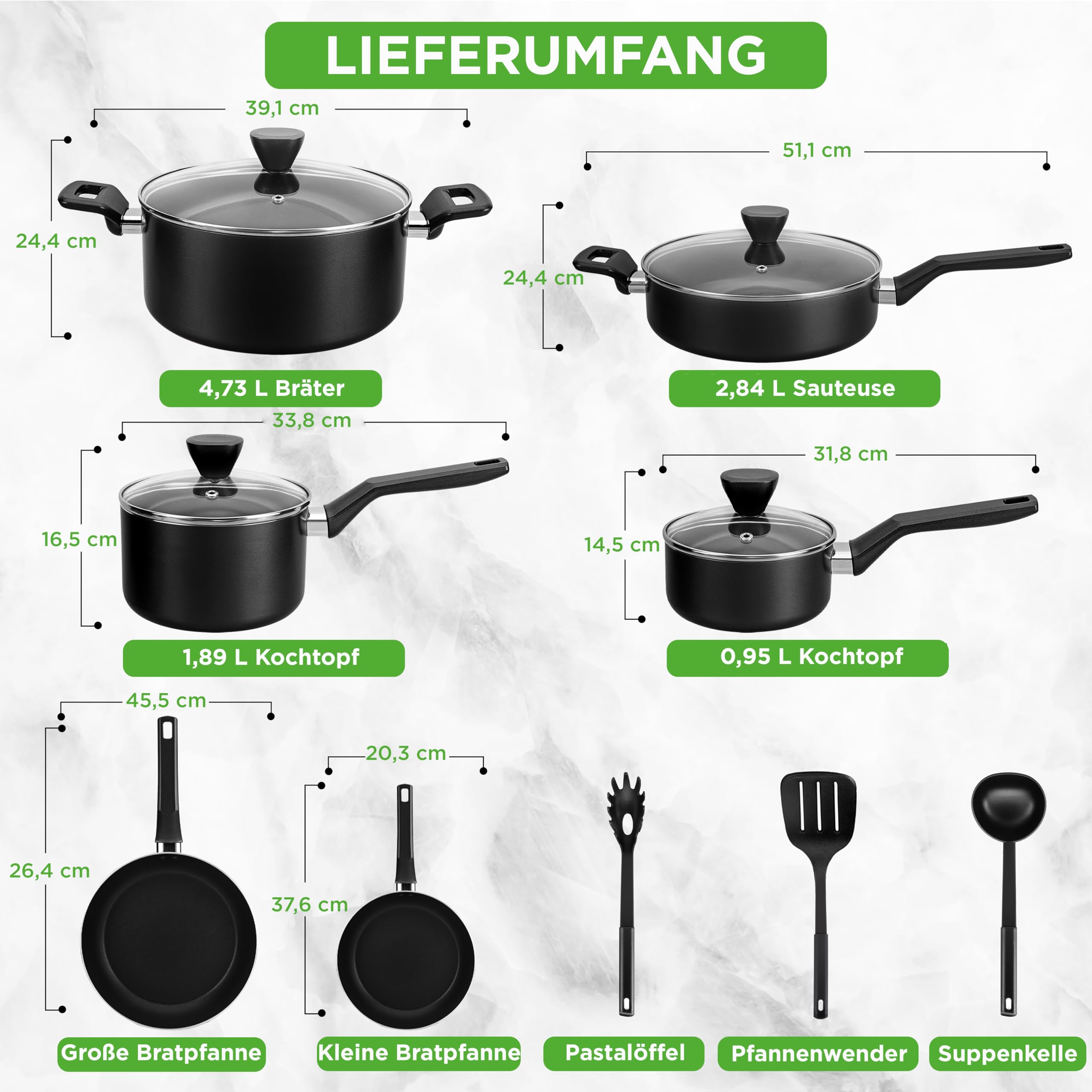 NutriChef Topf und Pfannenset, 13 Teilig- Kochgeschirr Set, Cookware Set- mit durchsichtigen Deckeln, 2x Kochtopf, Bräter, Sauteuse, 2x Bratpfanne, Pastalöffel, Suppenkelle & Pfannenwender, Schwarz