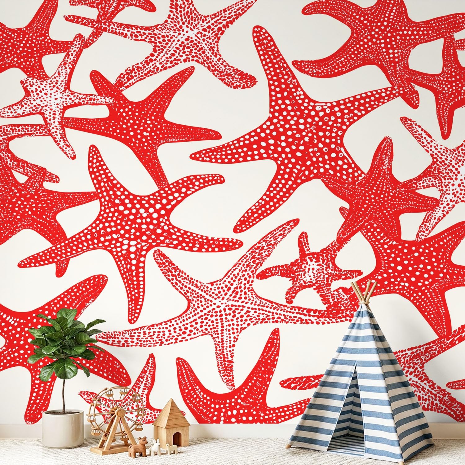 Papier peint panoramique moderne en intissé épais avec motif étoile de mer rouge et beige