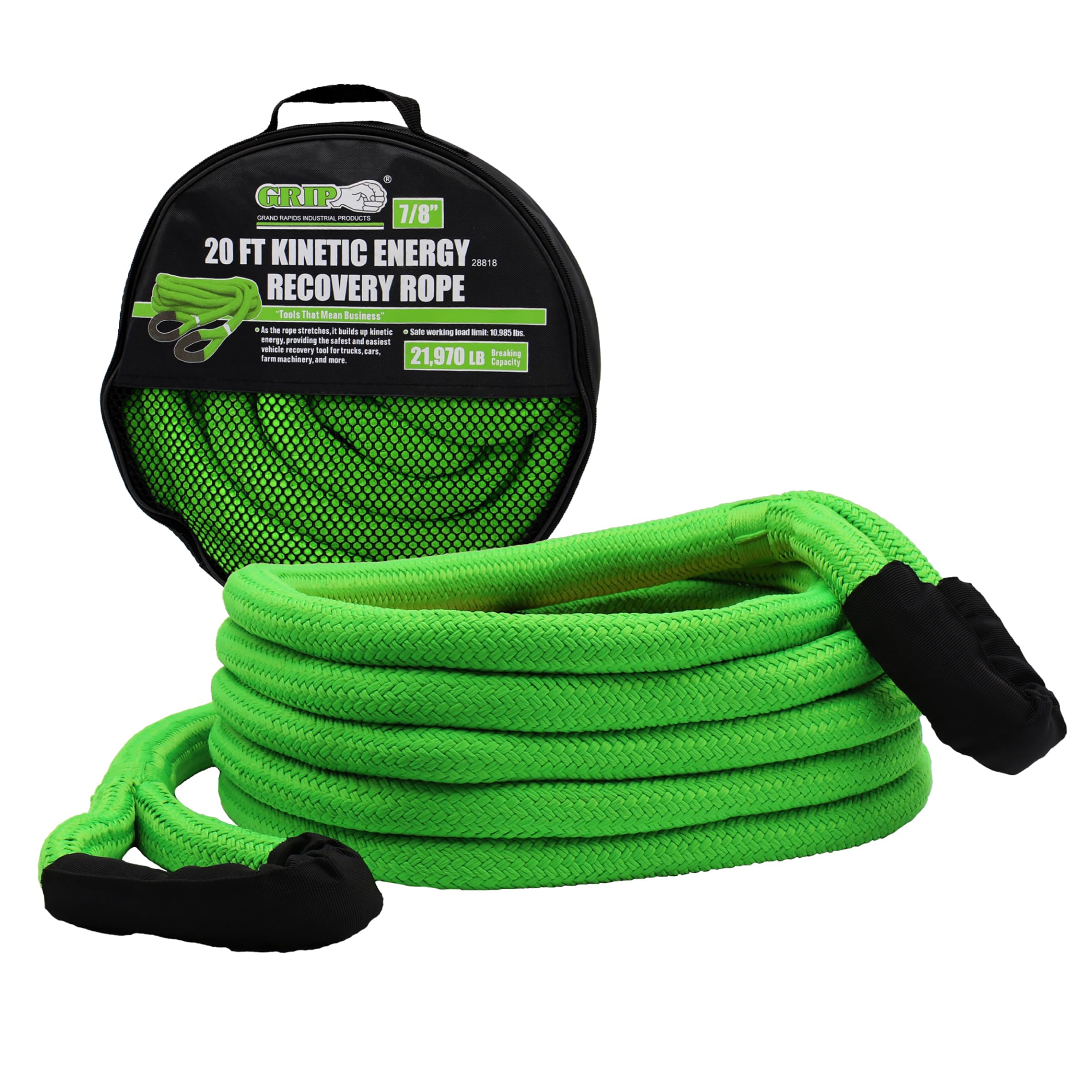 Grip 20' x 7/8" Kinetic Energy Recovery Rope - Breaking Capacity: 21,970 lbs - Truck, ATV, Jeep, UTV, Tractor - Emergency, Towing, Offroad Recovery in Sand, Snow, Mud - Mesh Storage Bag