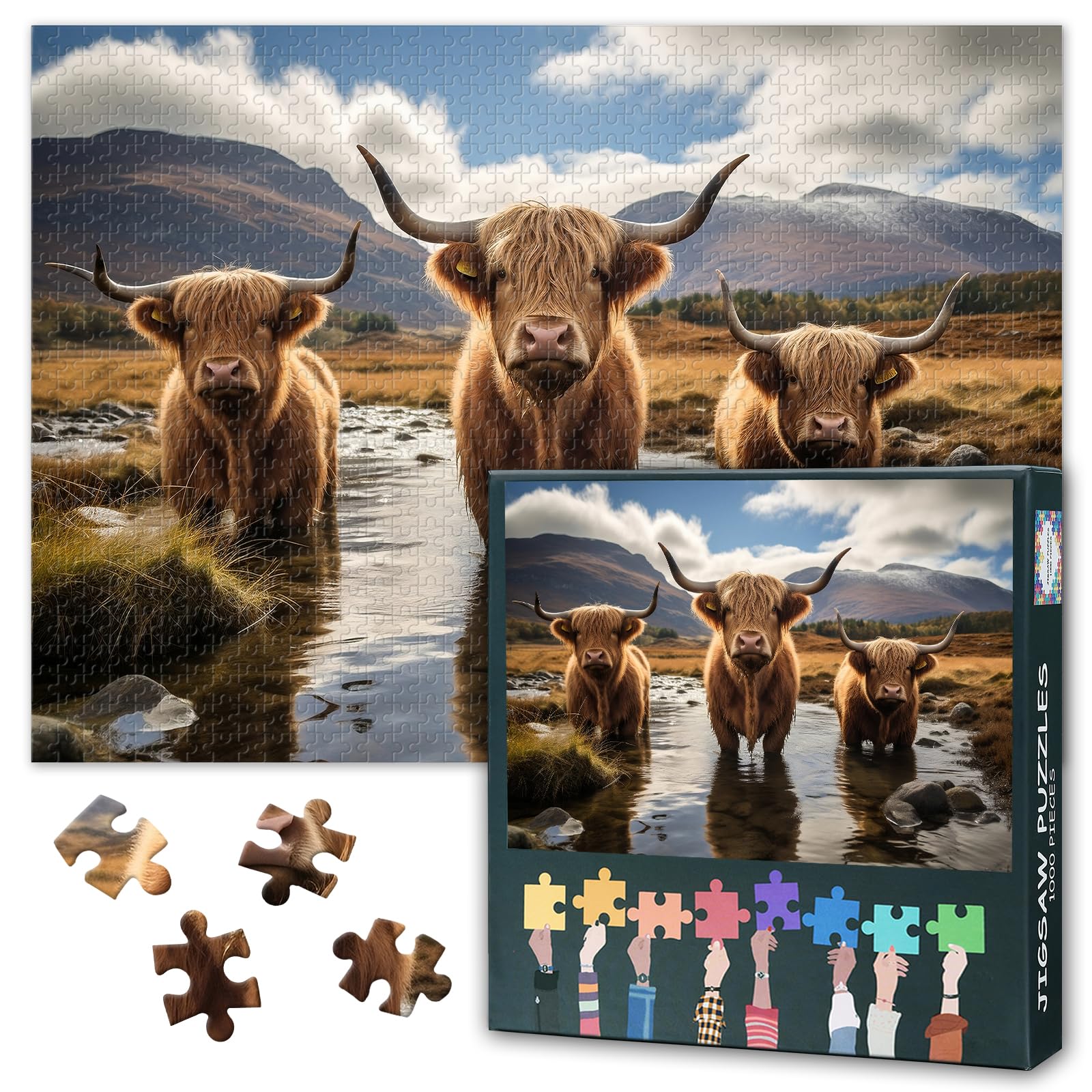 Scottish Highland Cattle Jigsaw Puzzle 1000 Pieces for Adults Animal Landscape Puzzle Three Shaggy Cows Mountain Scenery Countryside Farm Scene Relaxing Challenging Activity 27.5x19.7 Inch