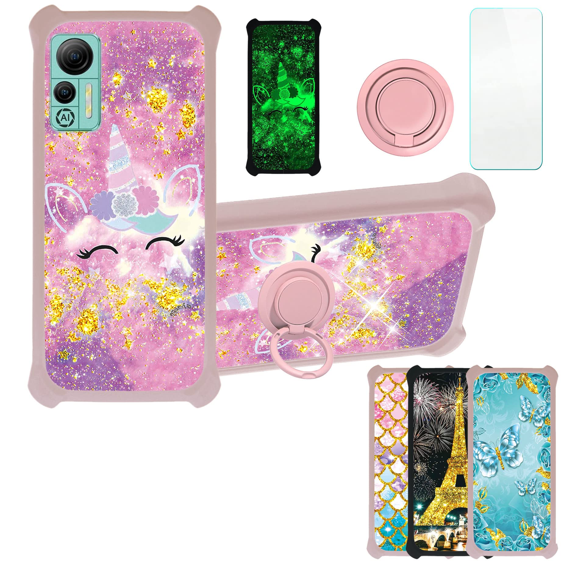 jioeuinly Case for Ulefone Note 14 Case Compatible with Ulefone Note 14 Phone Case Cover [with Tempered Glass Screen Protector][Hard PC + Soft Silicone][Ring Support] [Gold Glitter+Luminous] JSF-DJS