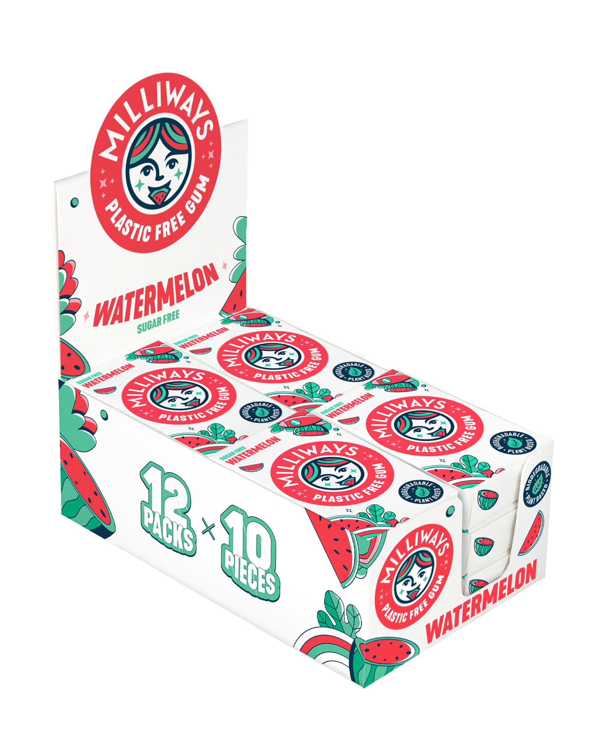 MilliwaysWatermelon Chewing Gum, Plastic Free, Sugar Free, Aspartame Free, Natural | 12 Packs of 10 Pieces (120 Pieces Total) | Xylitol, Plant-Based, Biodegradable