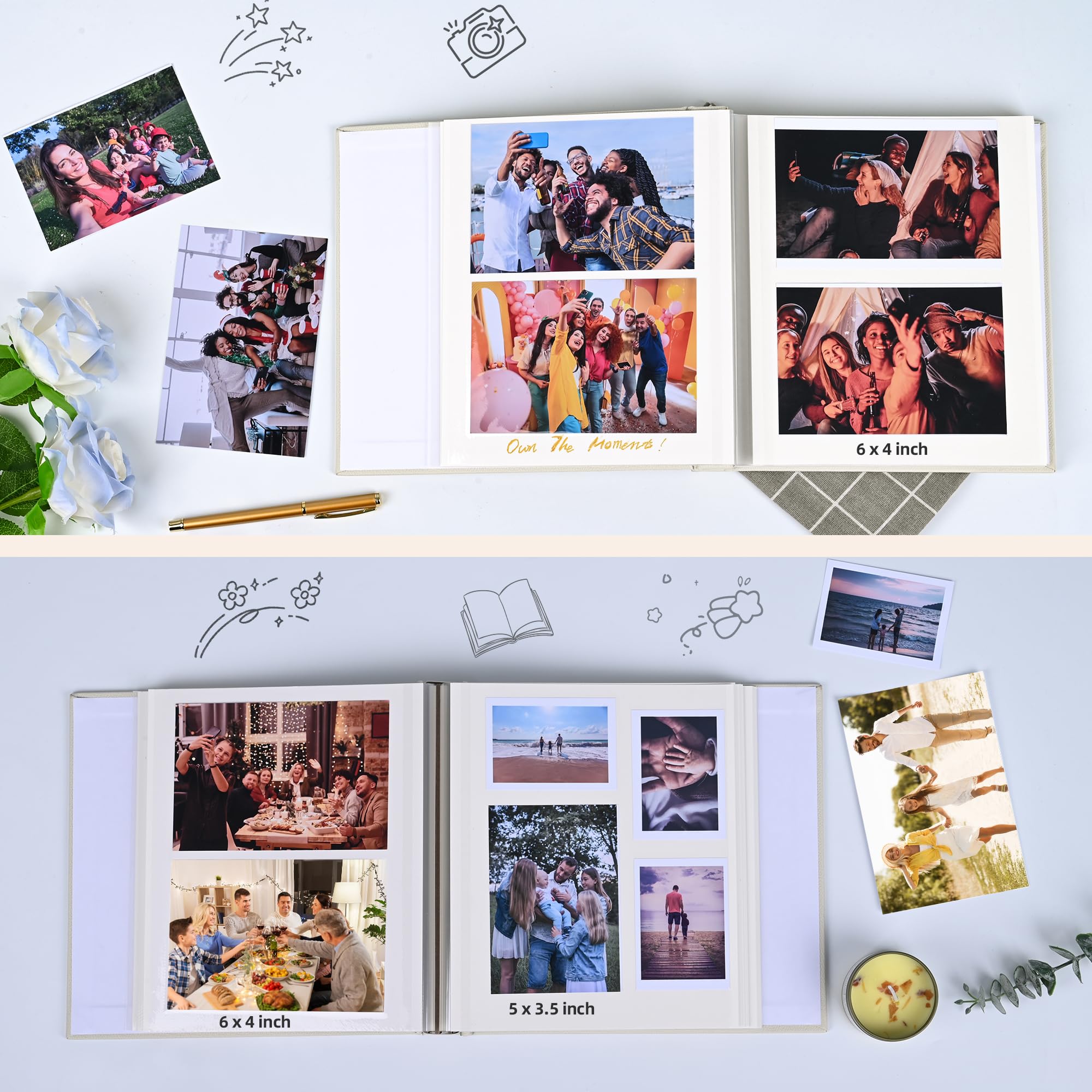 Selbstklebendes Fotoalbum mit 60 Seiten – Bilderalbum für 10 x 15 cm, 12 x 17 cm, 15 x 20 cm, 3 x 5 Fotos, Ledereinband, Scrapbook, Geschenk mit Stift und Werkzeug für Hochzeit, Baby, Familie