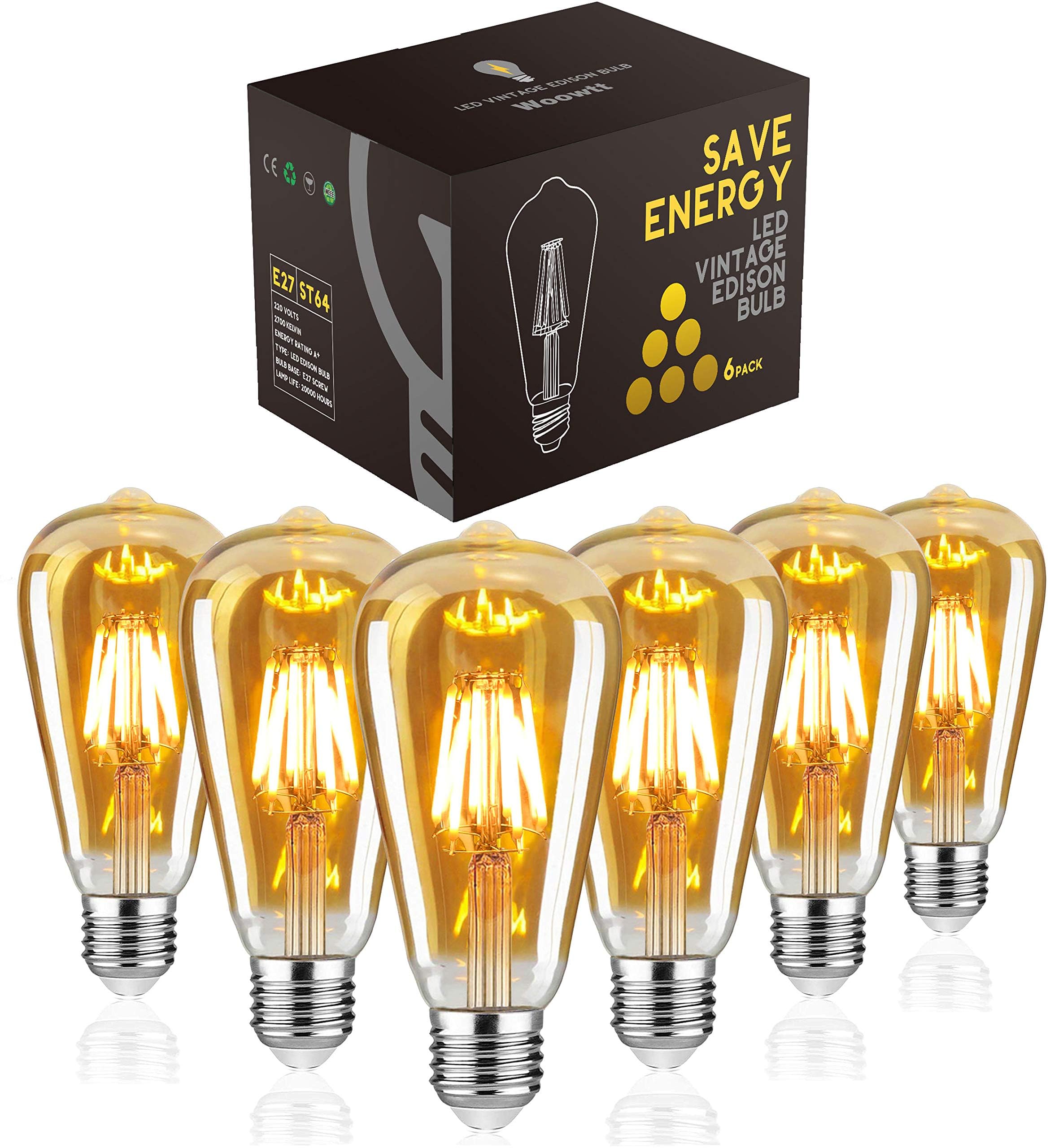 WOOWTT LED Edison Glühbirne, E27 Birnen, 4W Antik Retro Stil LED Vintage Glühlampe, Dimmbar, Filament Glühlampe, Amber Glas, ST64, 2700K, 6 Stück