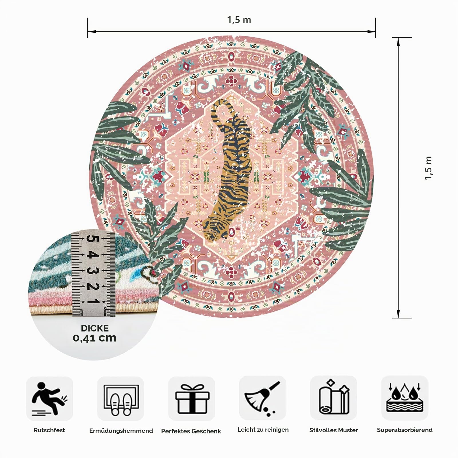Waschbarer rosa Teppich, dünn, orientalisch, Boho, Vintage, niedlich, tropischer Leopard, 1,5 m, rund, für Schlafzimmer, Küche, Esszimmer, Wohnzimmer, Büro, Eingangsbereich, Used-Look,