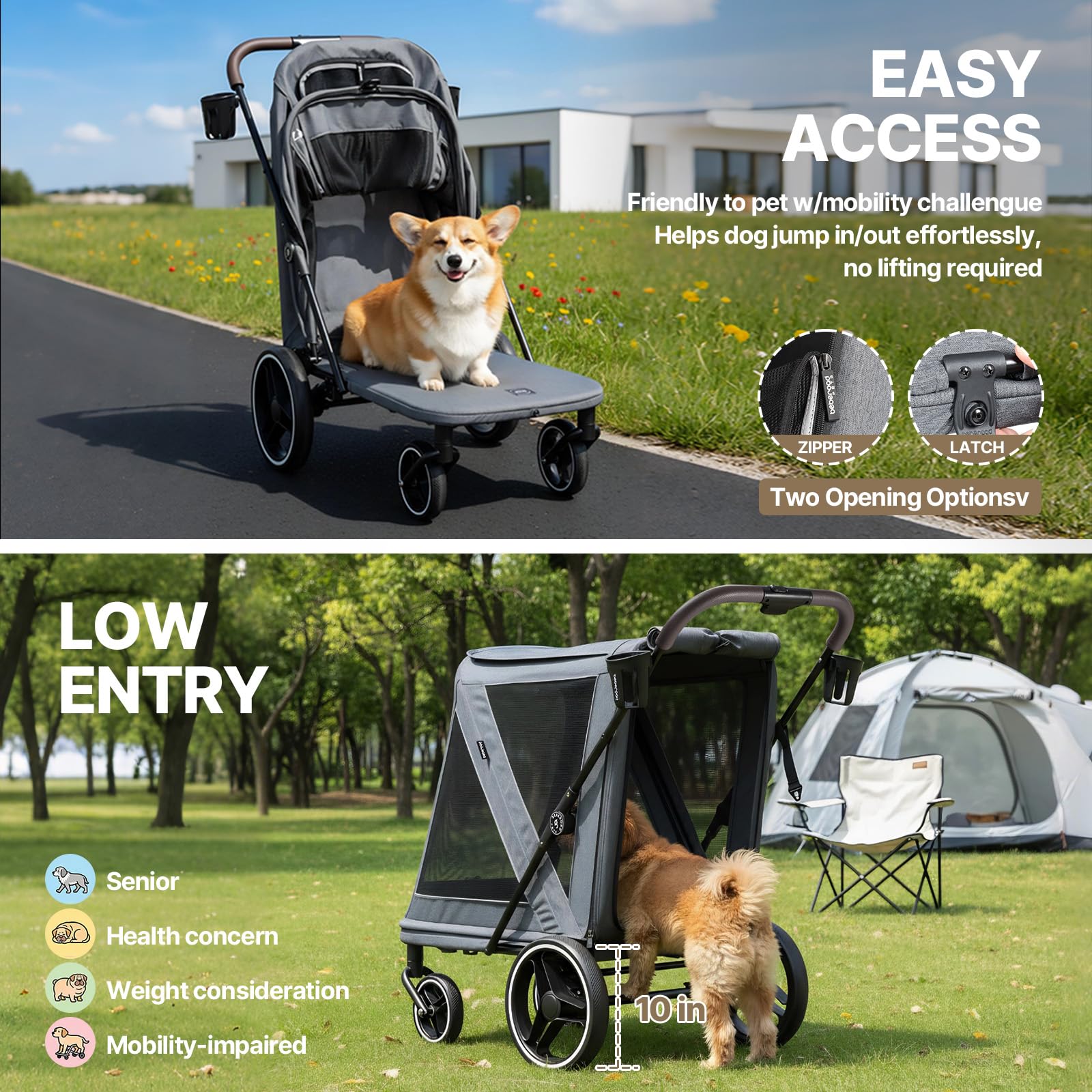 Beberoad 2-in-1-Hundebuggy & Fahrradanhänger für große Hunde, R7 All-Terrain Haustier-Kinderwagen mit ER-Reifen und Stoßdämpfung, Ein-Sekunden-Faltung, 360°-Netz-Belüftung, abnehmbares, waschbares