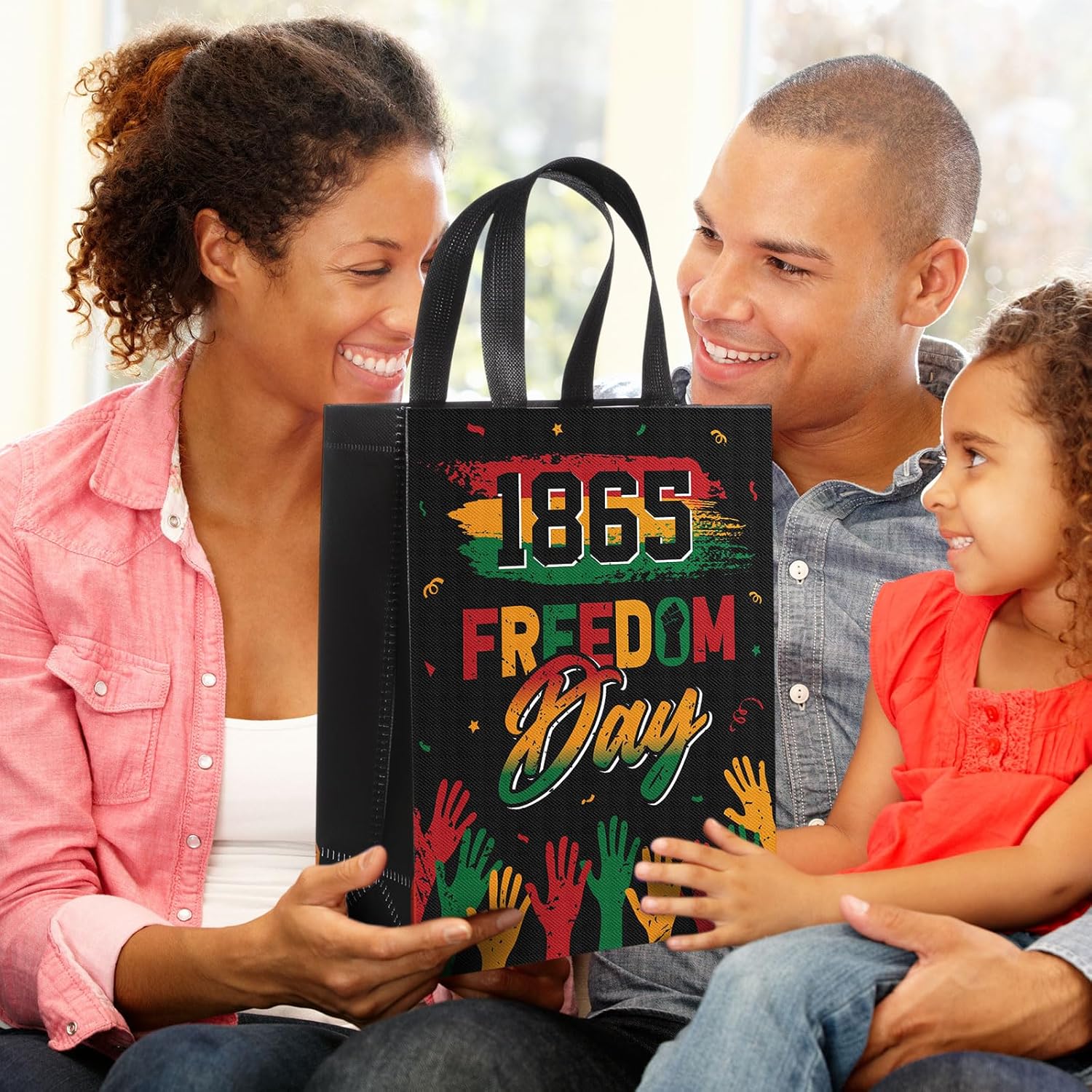 Blosssound 60 Pcs Juneteenth Bags Bulk Non-woven Happy Juneteenth Gift Bags with Handle 12 x 10 x 4 Inch Reusable African American Treat Goody Bag for June 19th Freedom Festival Supplies