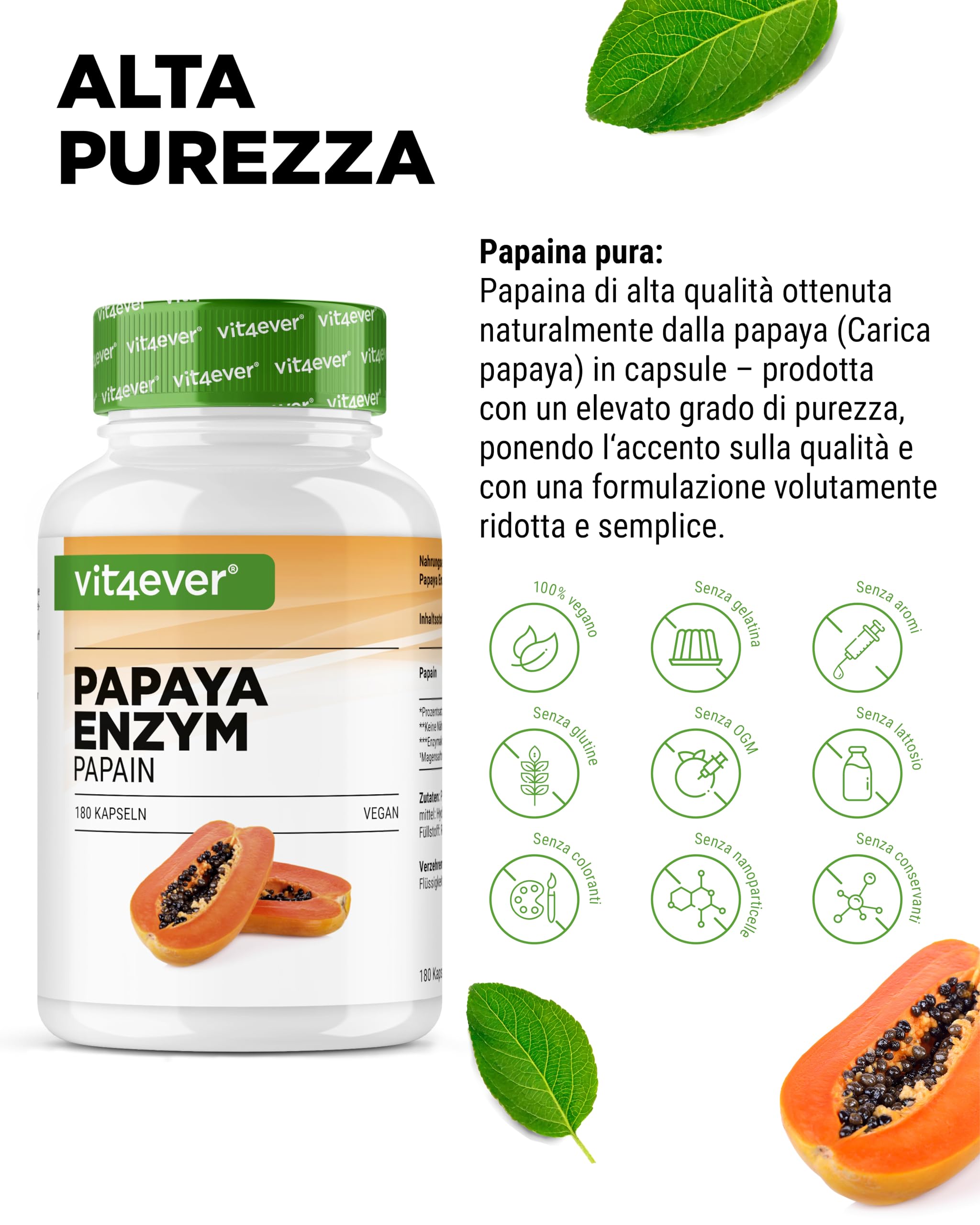 vit4ever Enzima di Papaya ad Alto Dosaggio - 2100 mg di Papaina da Papaya - 12.600.000 U di Attività Enzimatica - 180 Capsule Vegane Gastroresistenti - Senza Additivi Inutili