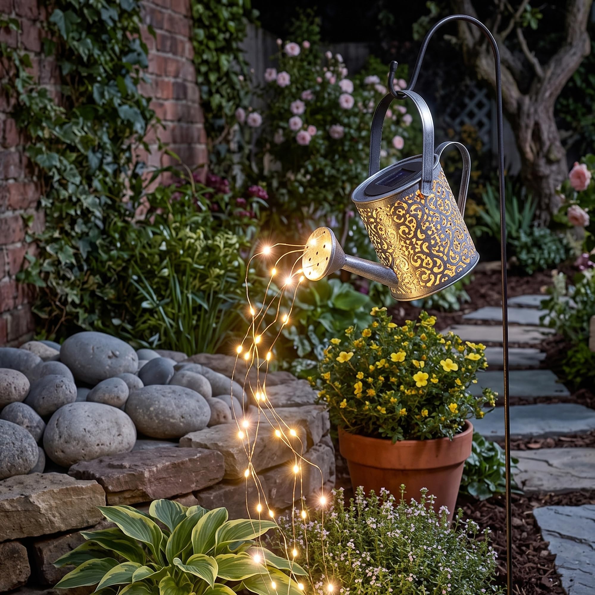 Solar LED Watering Can Lights Outdoor Garden Décor Firefly Effect Lantern
