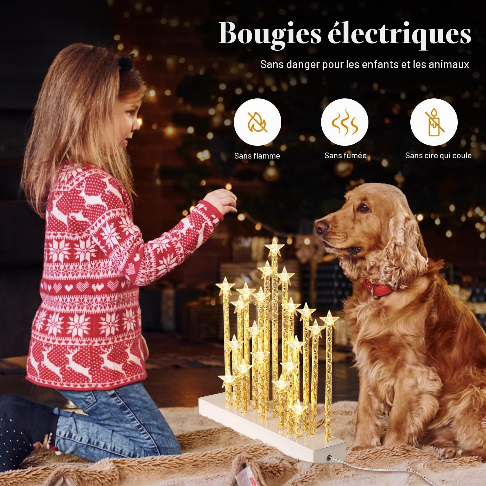 Lewondr Chandelier Suédois de Noël, Bougies sans Flamme Etoilées avec 20 LED Bougies Electriques, Bougies de Fenêtre de Noël Alimentées par USB pour la Décoration de Noël, Cadeau de Mariage, Blanc