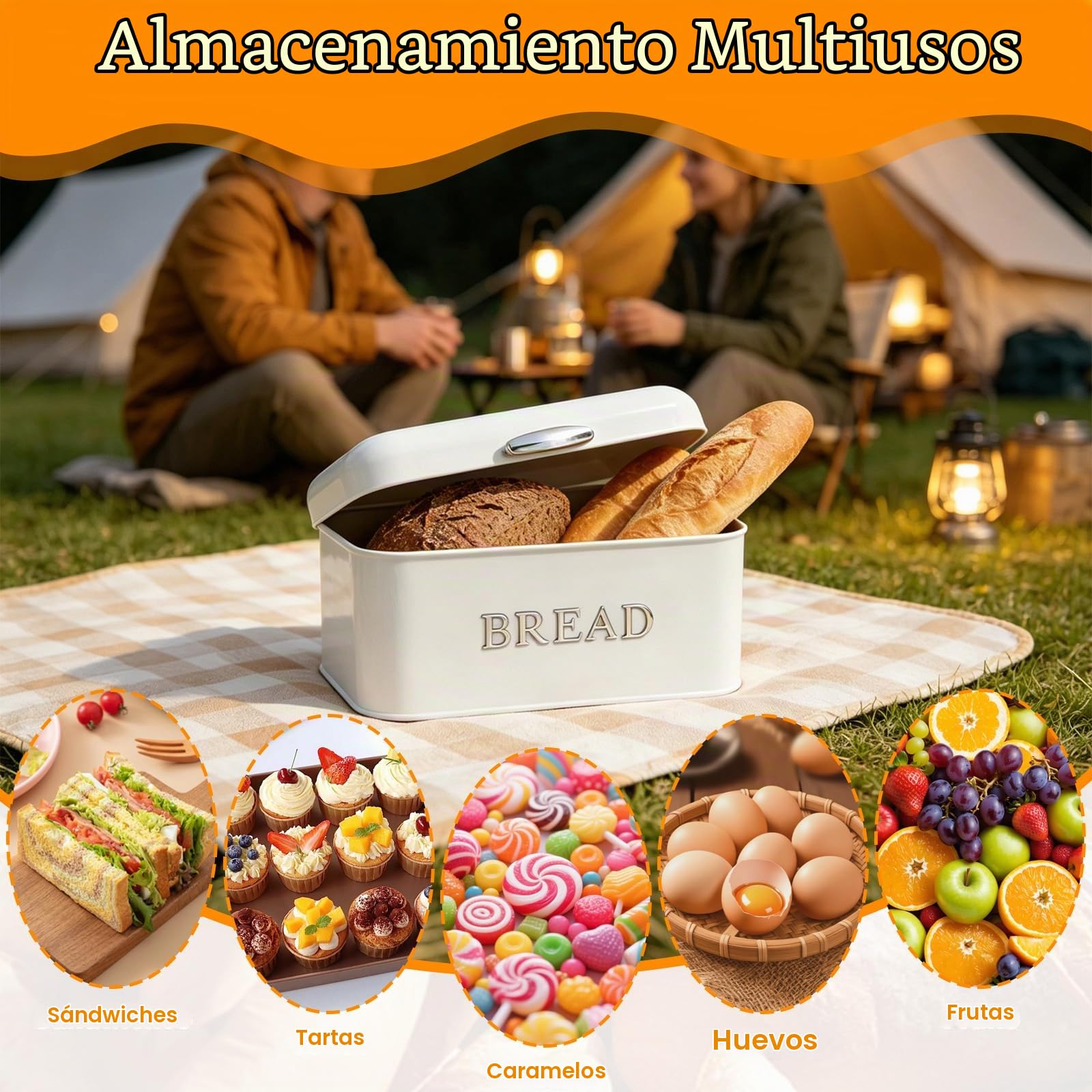Panera Cocina Grande con Tapa, Paneras Mesa Blanco, Recipiente Almacenamiento Fácil Limpiar, Caja Metal Vintage para Guardar Pan, Galletas, Pasteles, Bollería, Frutas (30 x 16 x 18cm)