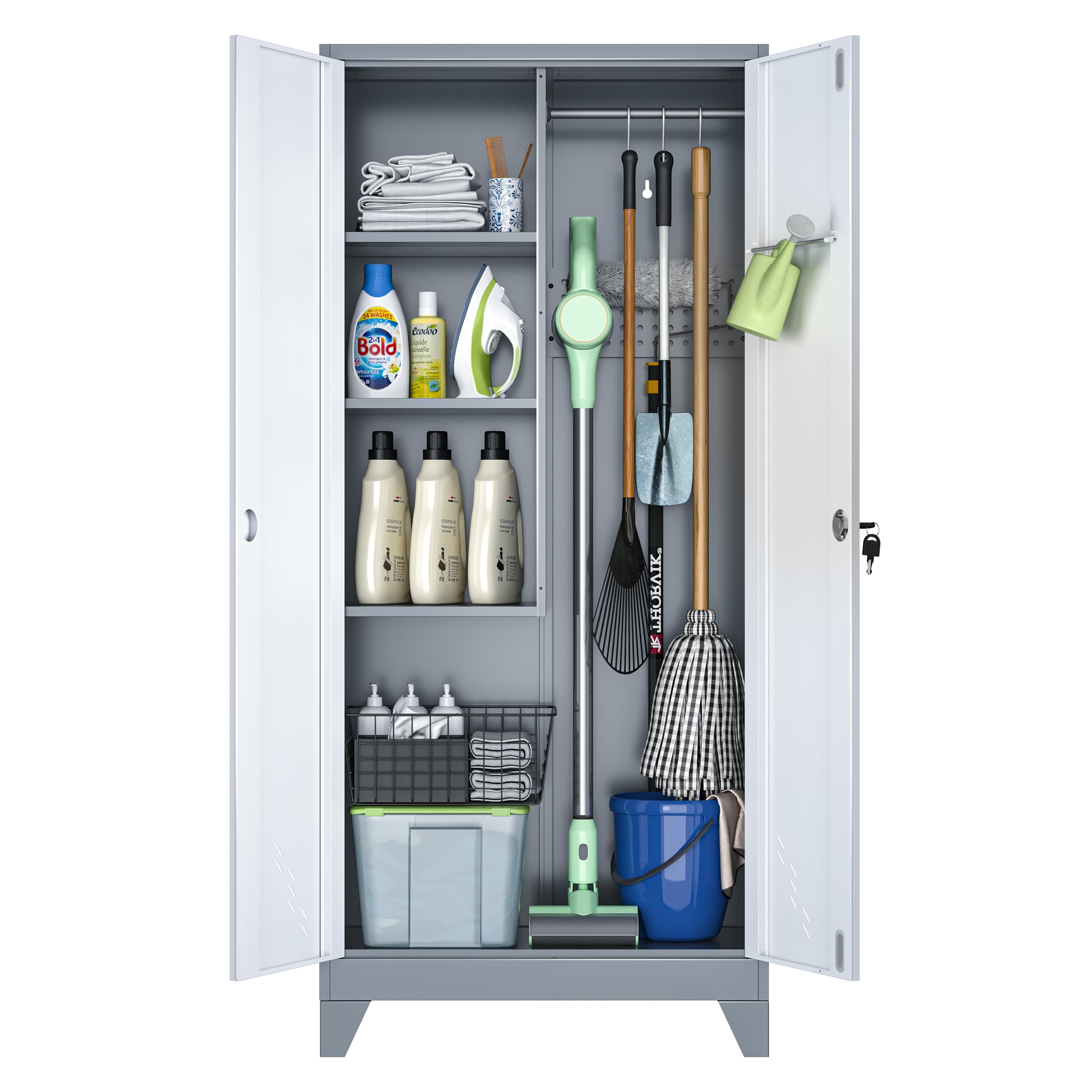 61" Broom Storage Cabinet, Cleaning Tool Storage Cabinet, Garage Utility Storage, Metal Broom Closet for Home, Garage, Utility Room (Gray White, Door-2) 61" White & Gray