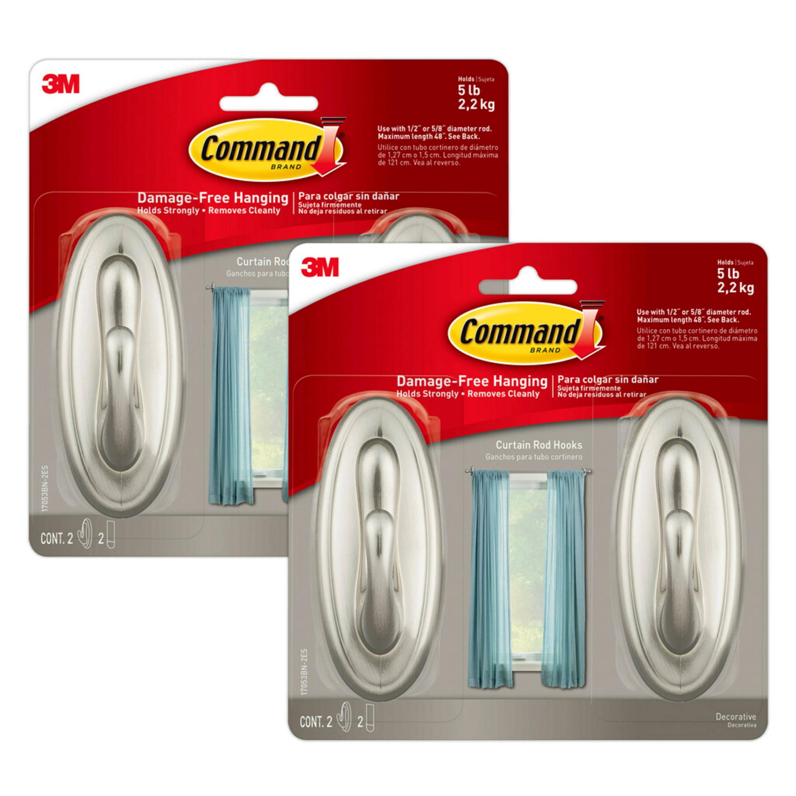 Command Brushed Nickel 17053Bn-2Es Curtain Rod Hooks,