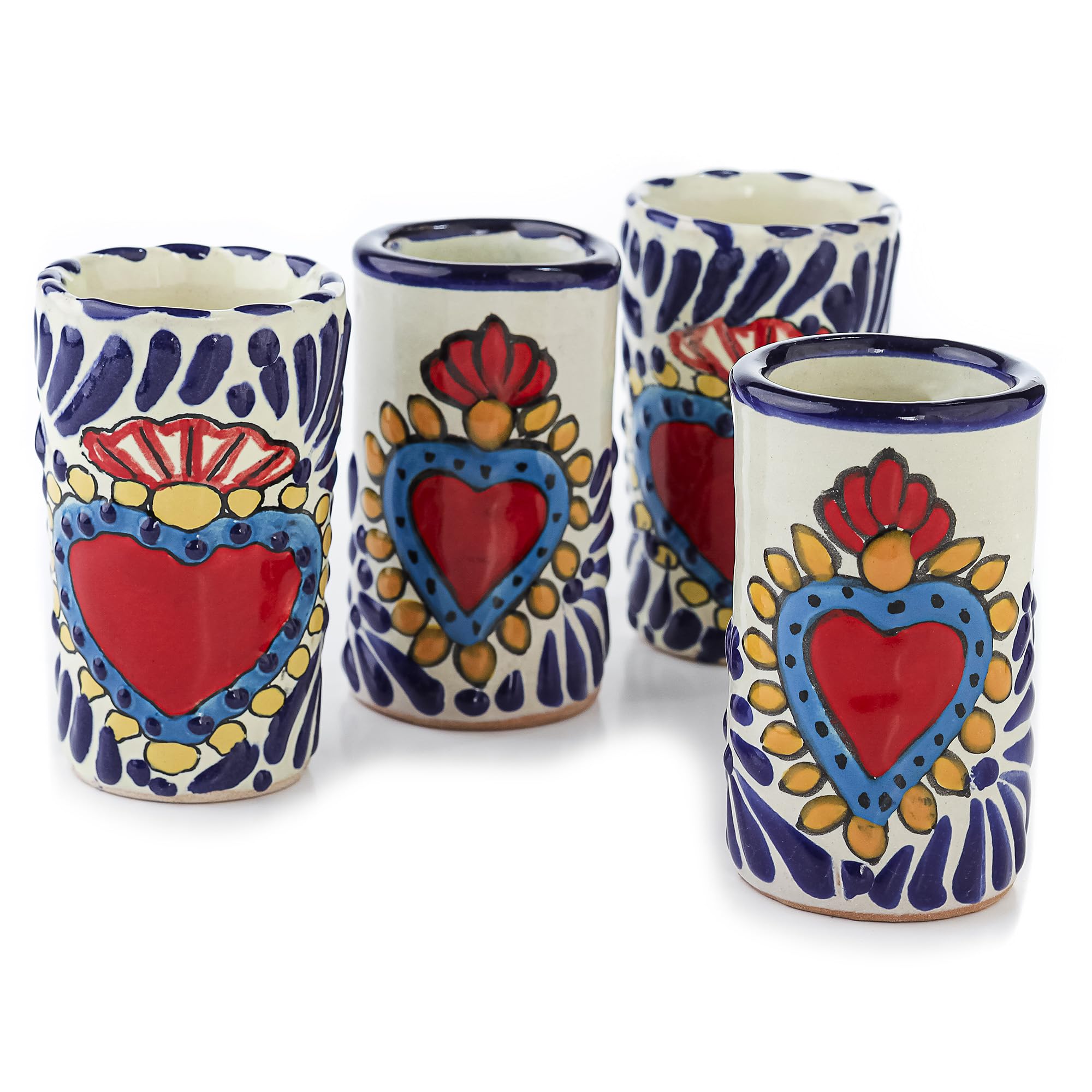 Talavera Shot Glasses Set of 4 Authentic Mexican Tequila Shot Glasses - Hand-painted - 2 Oz (Azure Heart)