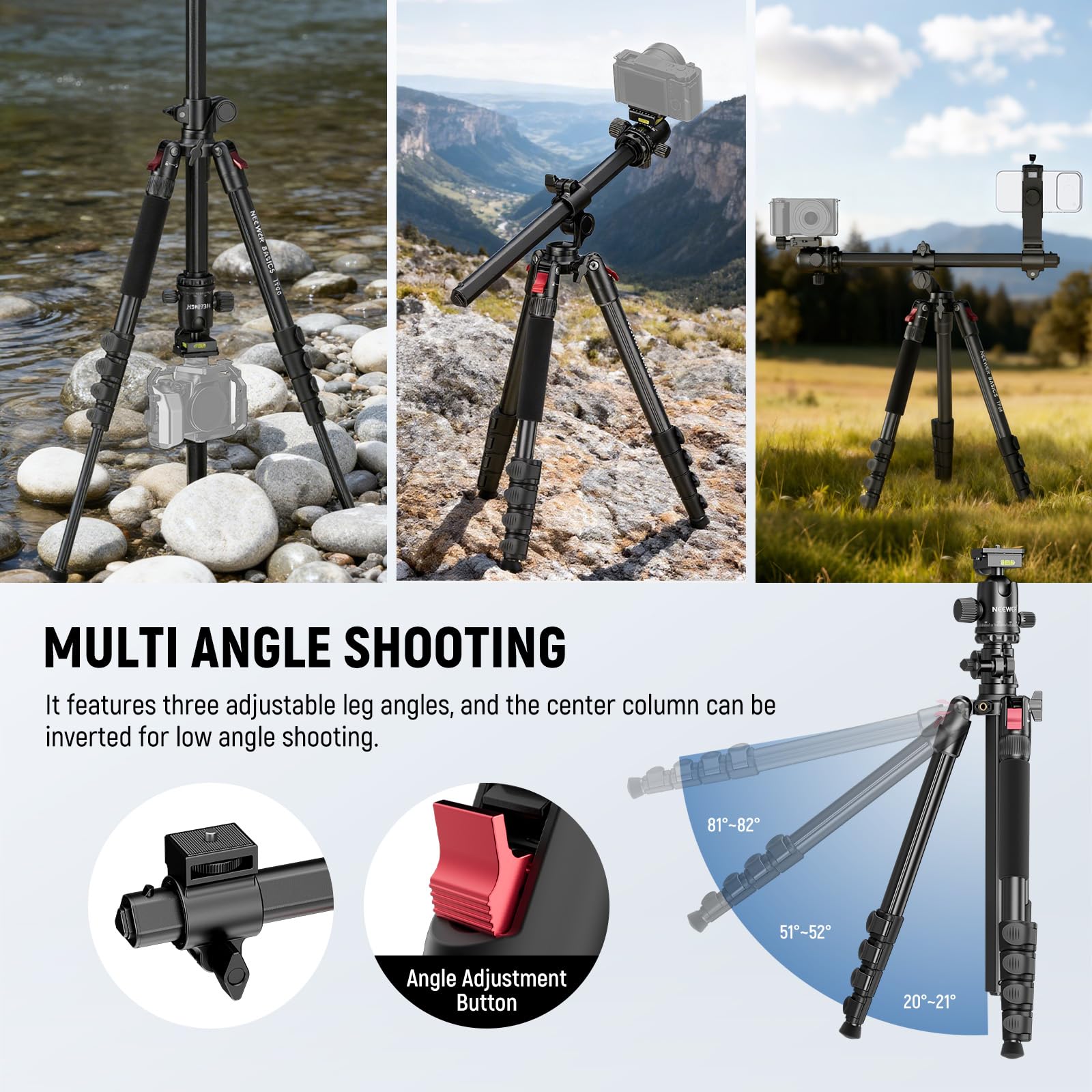NEEWER BASICS 163.8 cm poziomy statyw monopod do podwójnego aparatu aluminiowy podróżny DSLR stojak na kamerę z uchwytem na telefon komórkowy kompatybilny z iPhone'em do nagrywania wideo, obciążenie