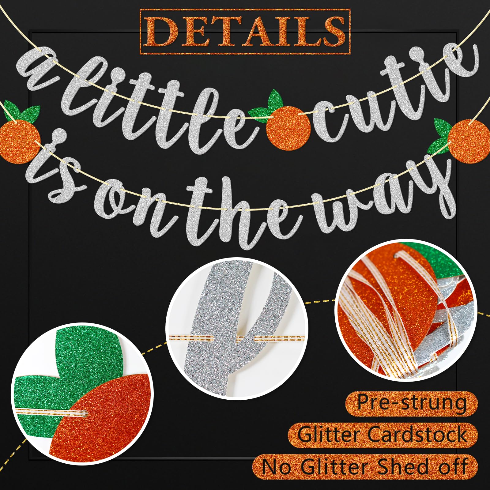 A Little Cutie Is On The Way Banner, pancarta de cítricos, cumpleaños temático naranja, baby shower, decoración de fiesta de cumpleaños Little Cutie, purpurina plateada