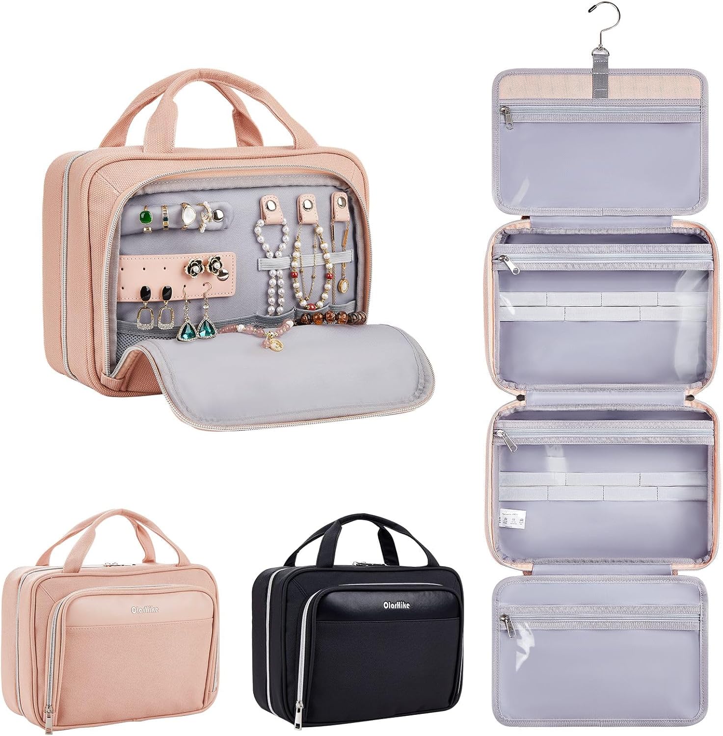 OlarHike Travel Toiletry Hanging Bag Waterproof Bags, Makeup bag, Toiletries, Jewelry, Travel Essentials 3 in 1 Packing Organizers, Cosmetic Travel-Sized Container, Medium Capacity for Women pink OlarHike Travel Toiletry Hanging Bag Waterproof Bags, Makeup bag, Toiletries, Jewelry, Travel Essentials 3 in 1 Packing Organizers, Cosmetic Travel-Sized Container, Medium Capacity for Women pink
