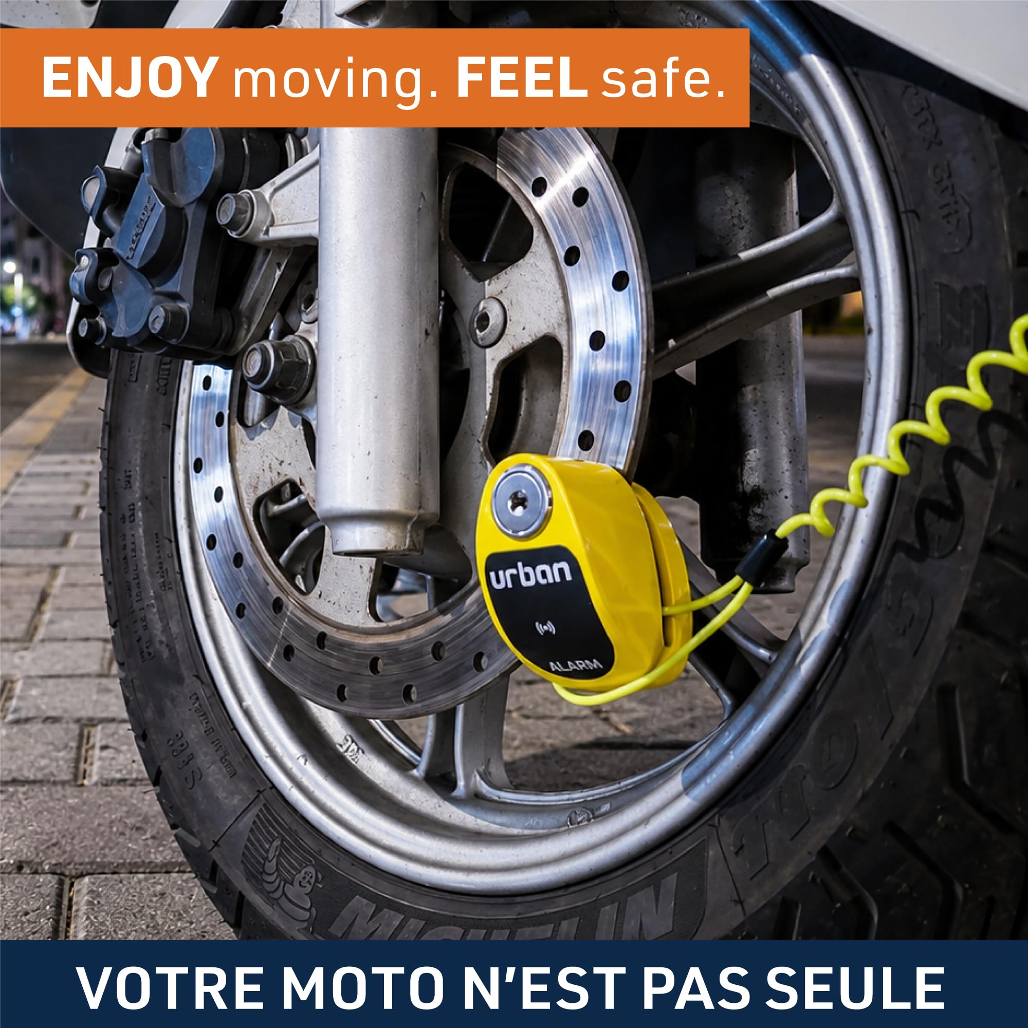 URBAN UR906Y Antivol Moto avec Alarme 120dB Hi-Tech X2 ON, Module Remplaçable Imperméable, Pile CR2, Câble Rappel, Antivol Pince Frein 6mm Universel pour Motos Scooters Vélos Électriques Trottinettes